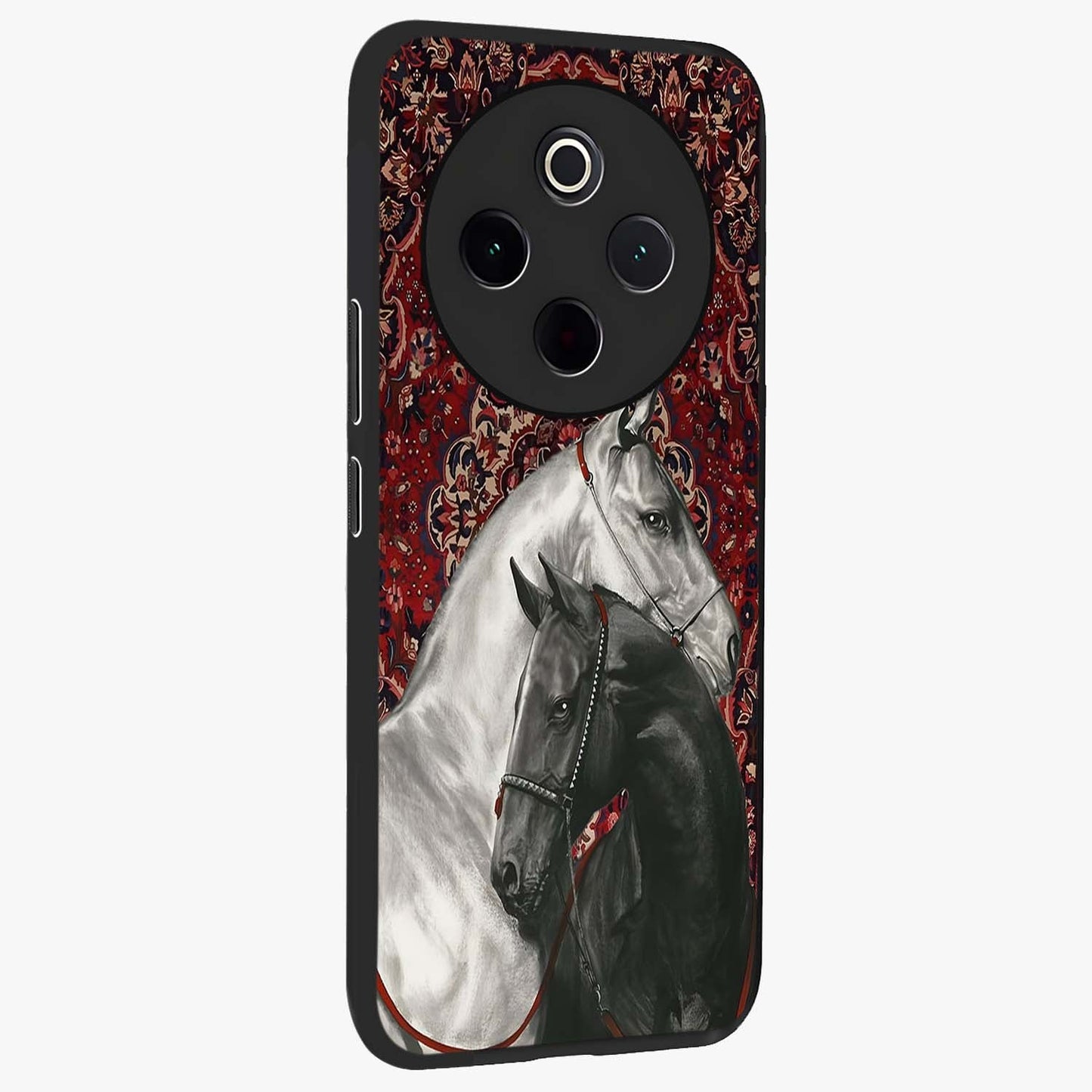 Regal Stallion Tapestry Glass Case upright view showcasing powerful horse artwork with elegant tapestry theme.