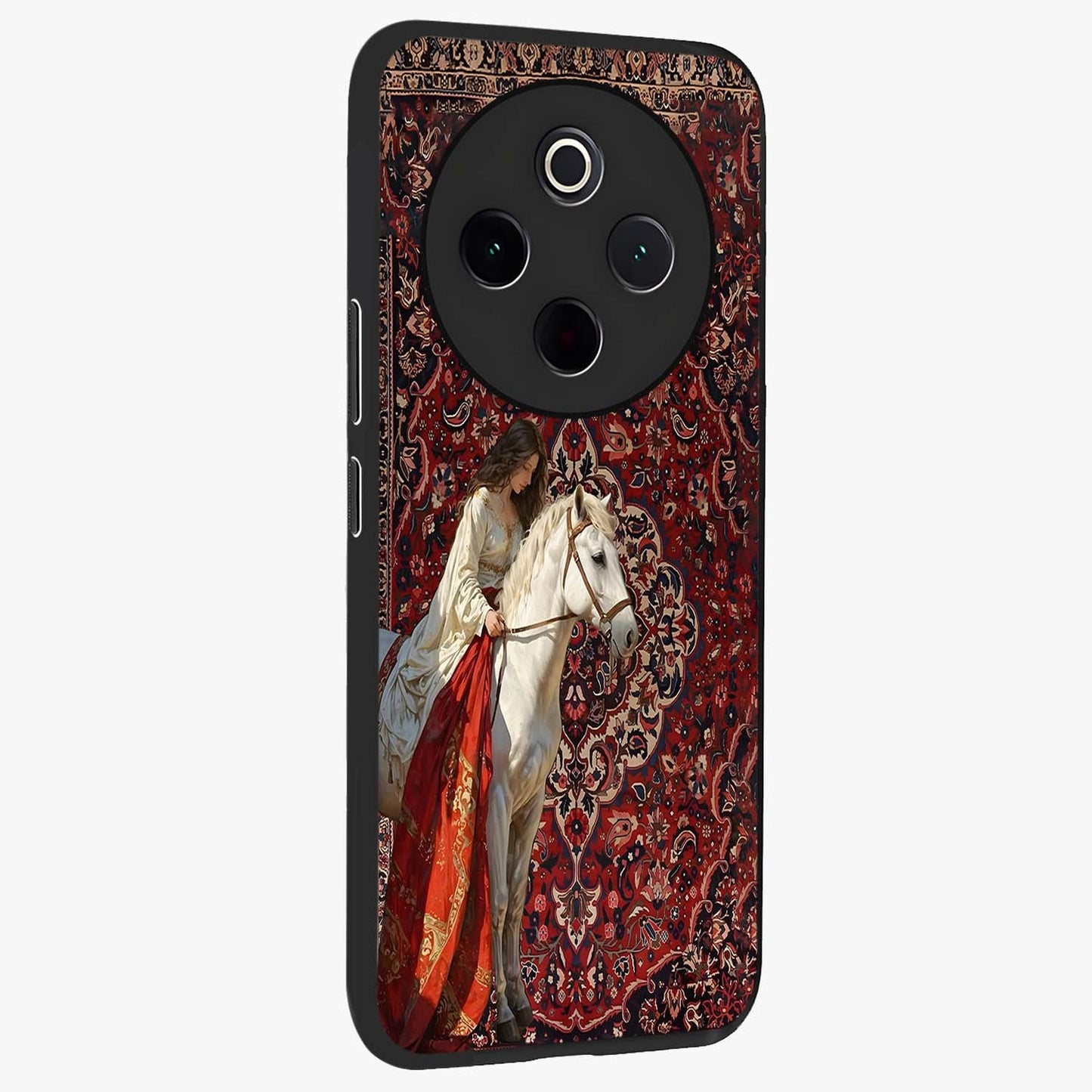 Royal Rider Tapestry Glass Case upright view showcasing detailed rider artwork with classic tapestry theme.