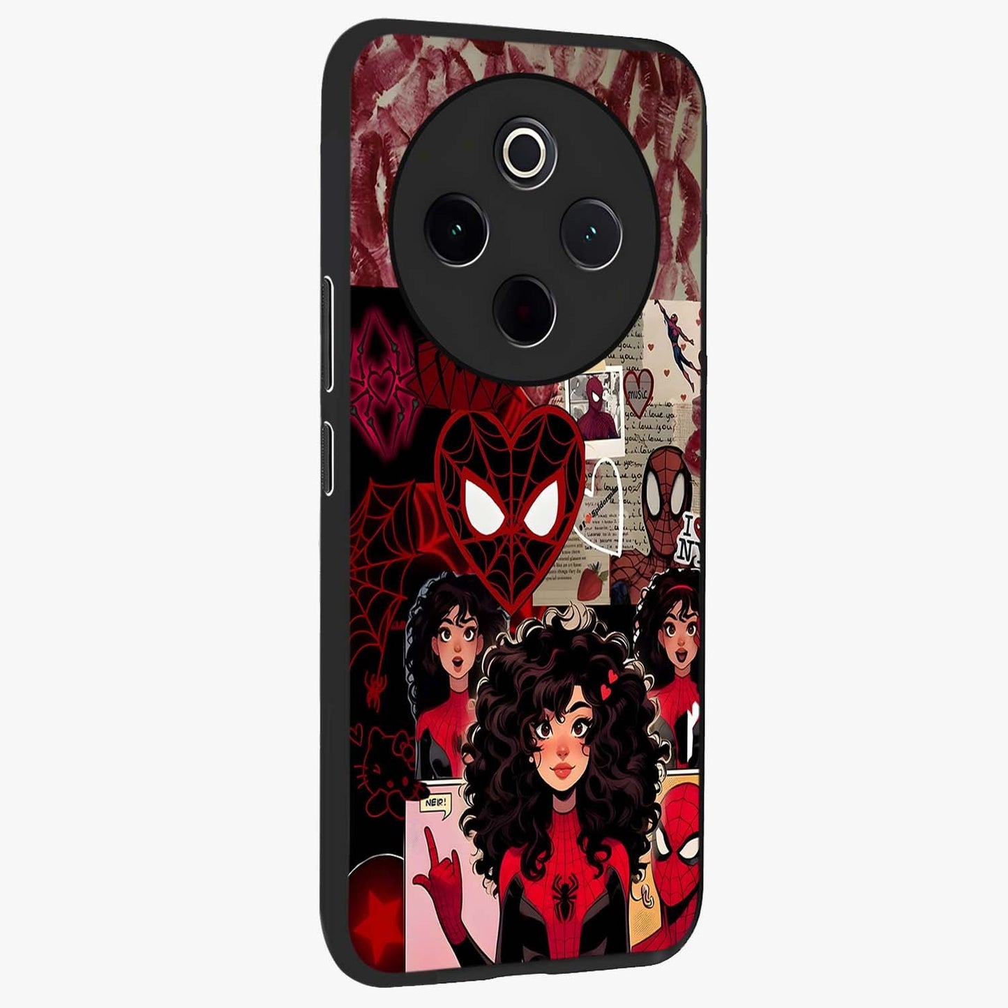 Spider Love Story Glass Case upright view showcasing charming superhero artwork with romantic comic theme.
