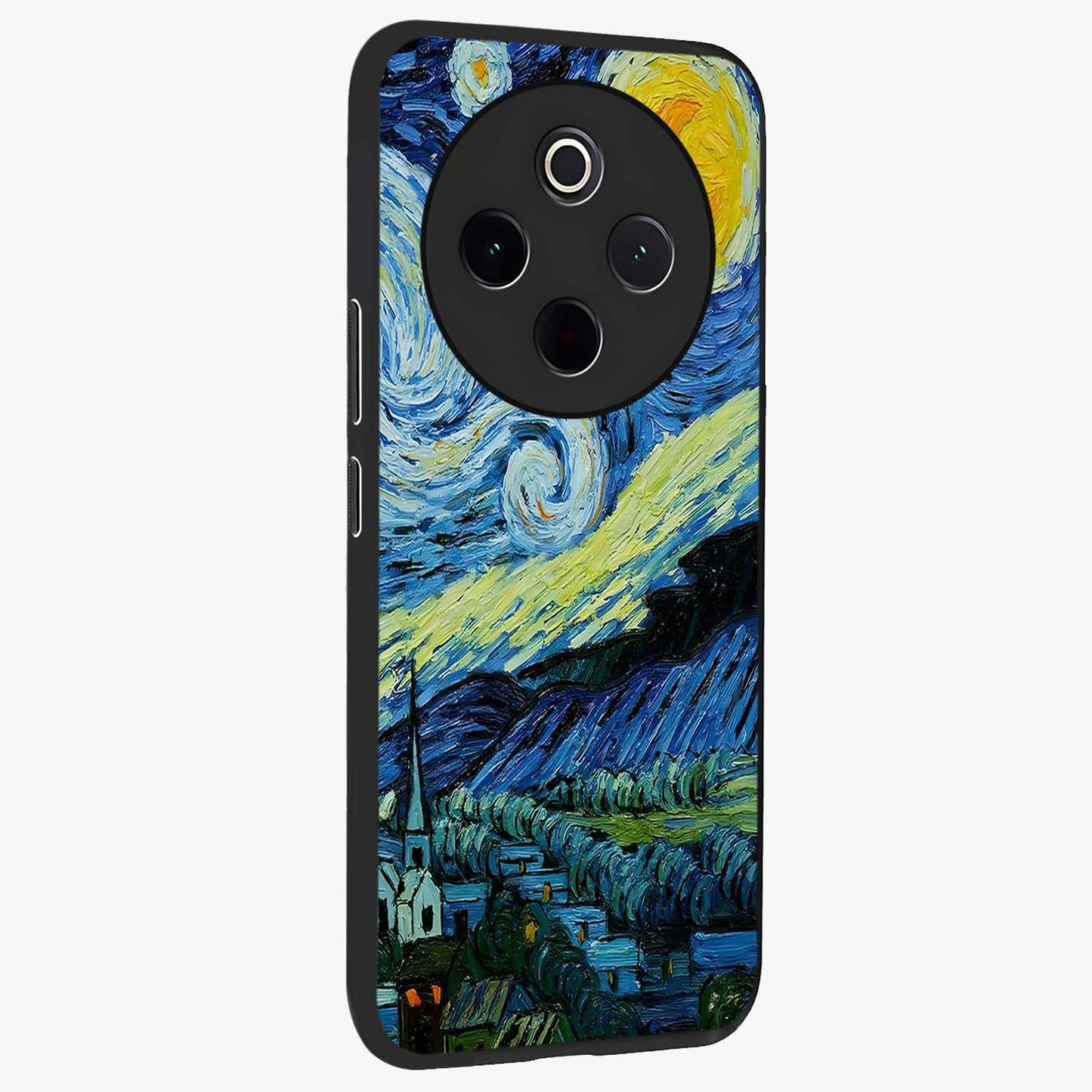 Van Gogh Art Glass Case upright view showcasing expressive painting style artwork with timeless artistic theme.