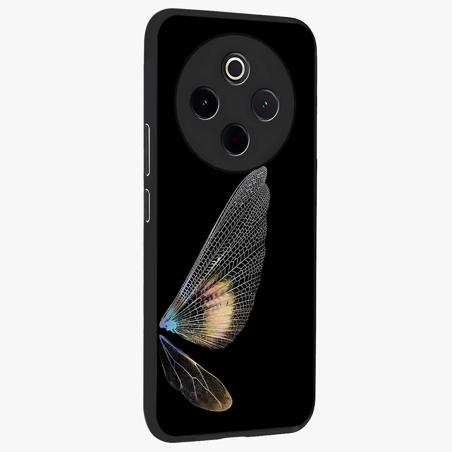 Whispers Of Wings Glass Case upright view showcasing elegant wing artwork with light airy theme.