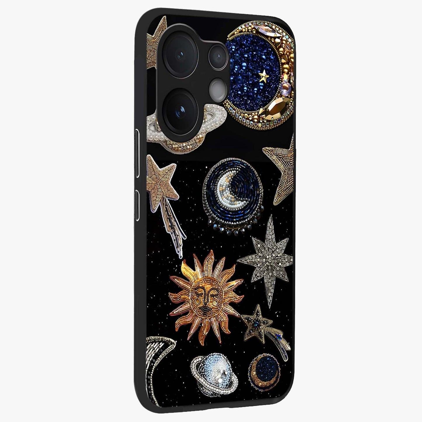 Celestial Gem Constellations Glass Case upright view showcasing cosmic constellation artwork with celestial aesthetic style.