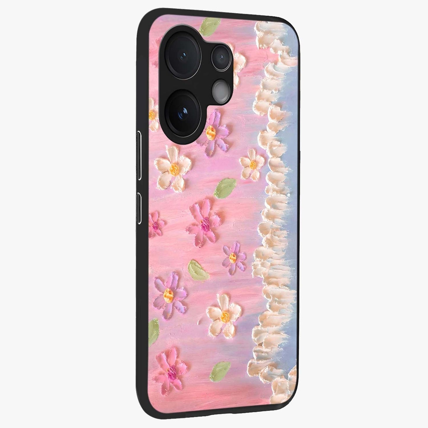 Dreamy Painted Garden Glass Case upright view showcasing vibrant floral garden artwork with artistic nature theme.