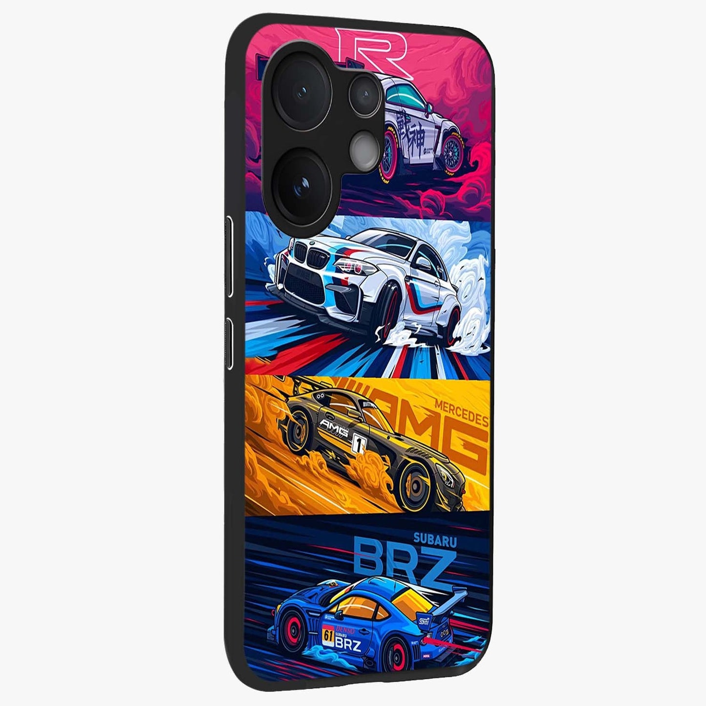 JDM Sports Car Glass Case upright view showcasing dynamic sports car artwork with bold racing theme.
