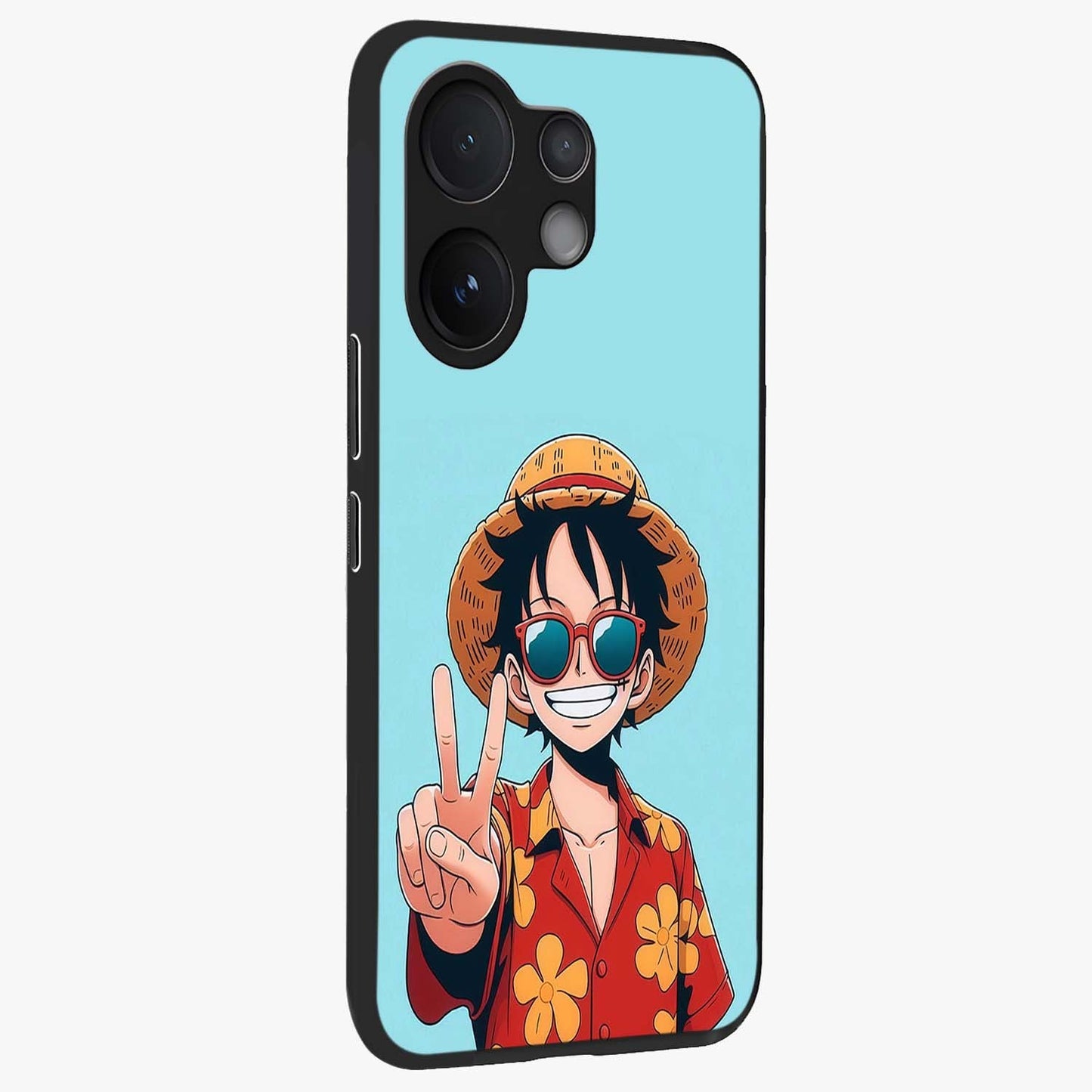 Luffy Summer Anime Vibe Glass Case upright view showcasing dynamic anime artwork with bright adventurous theme.