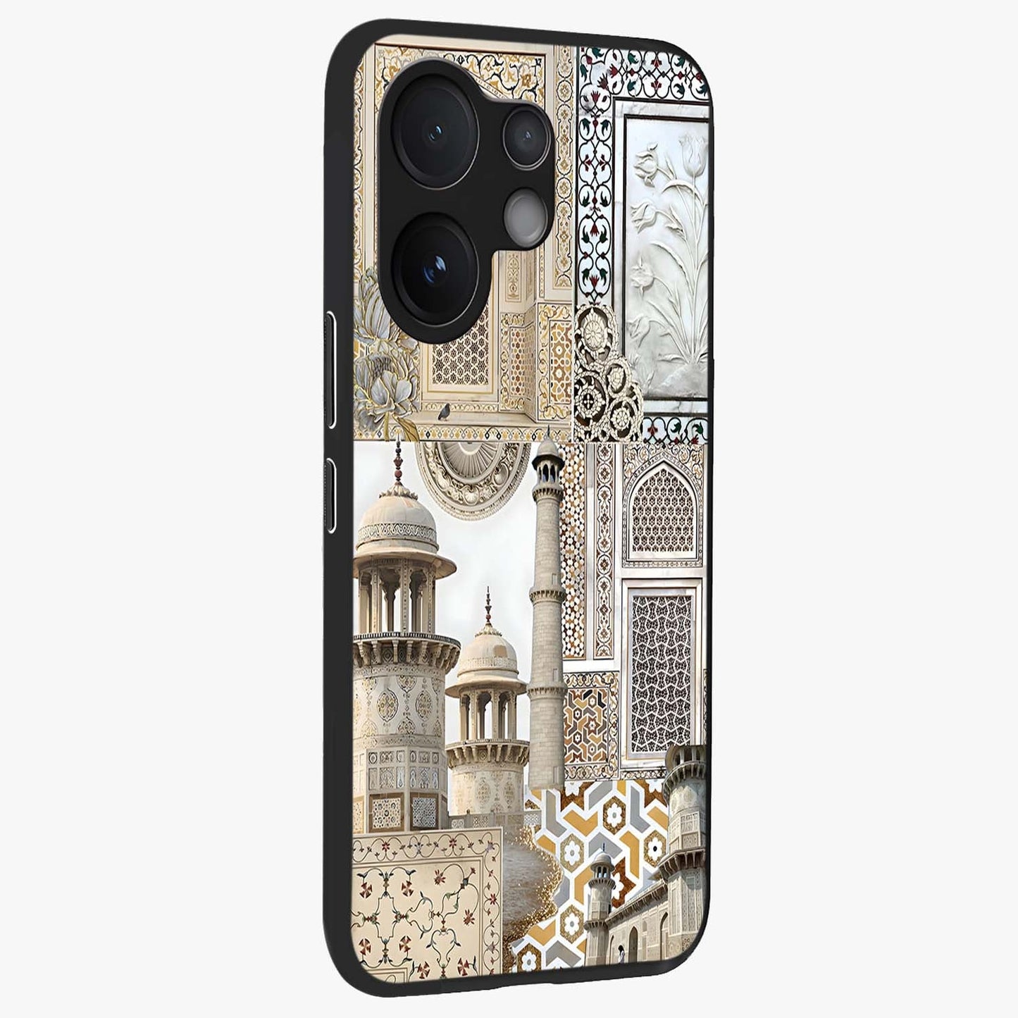 Mughal Marble Legacy Glass Case upright view showcasing ornate Mughal design with luxurious traditional theme.