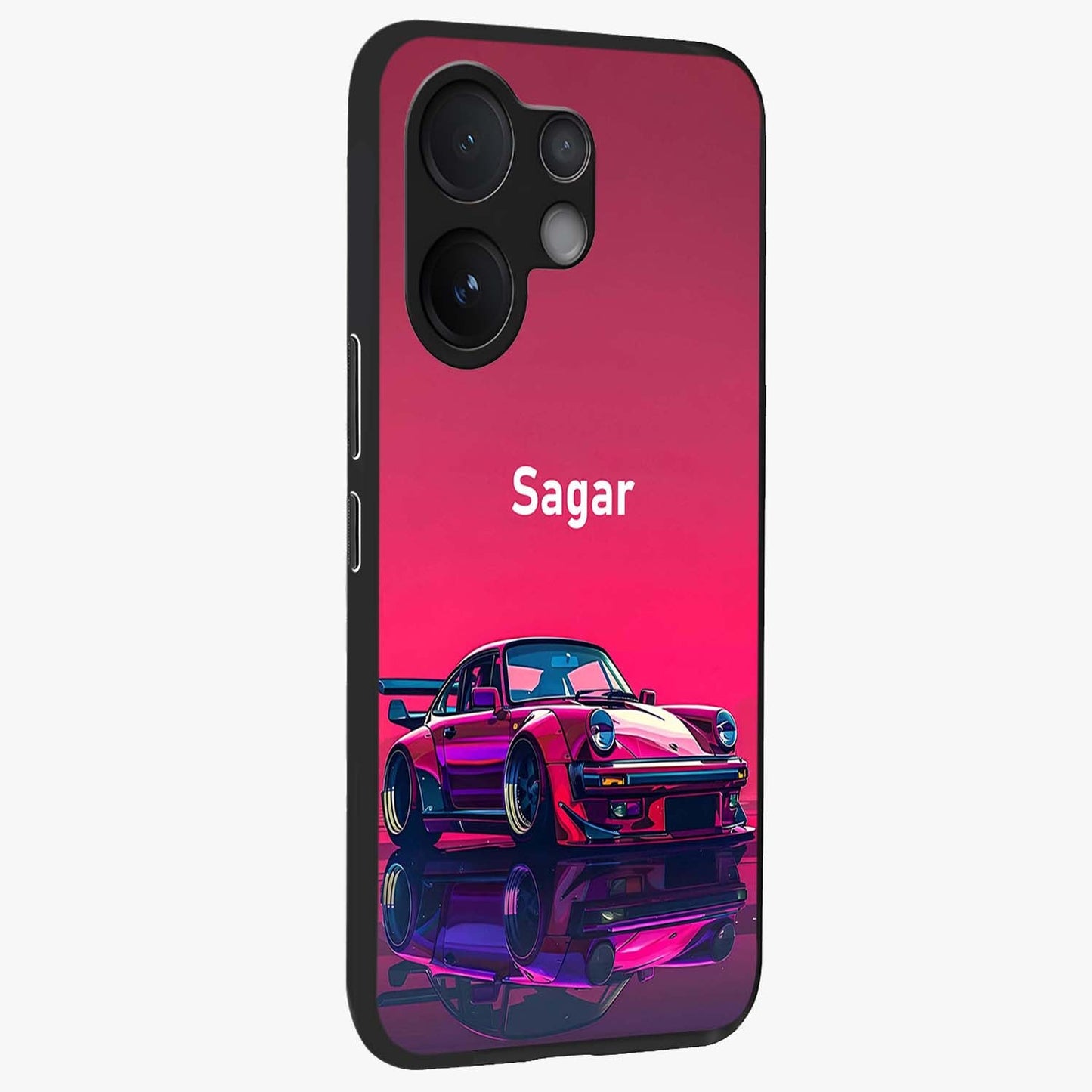Neon Pink Porsche Glass Case upright view showcasing vibrant sports car artwork with bold automotive theme.