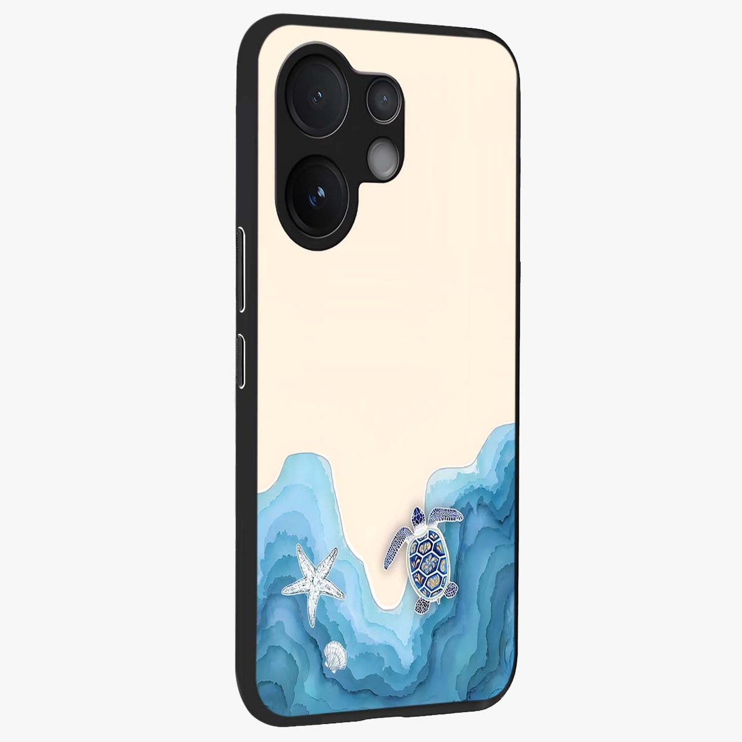 Ocean Drift Turtle Glass Case upright view showcasing calm underwater turtle artwork with nature inspired theme.