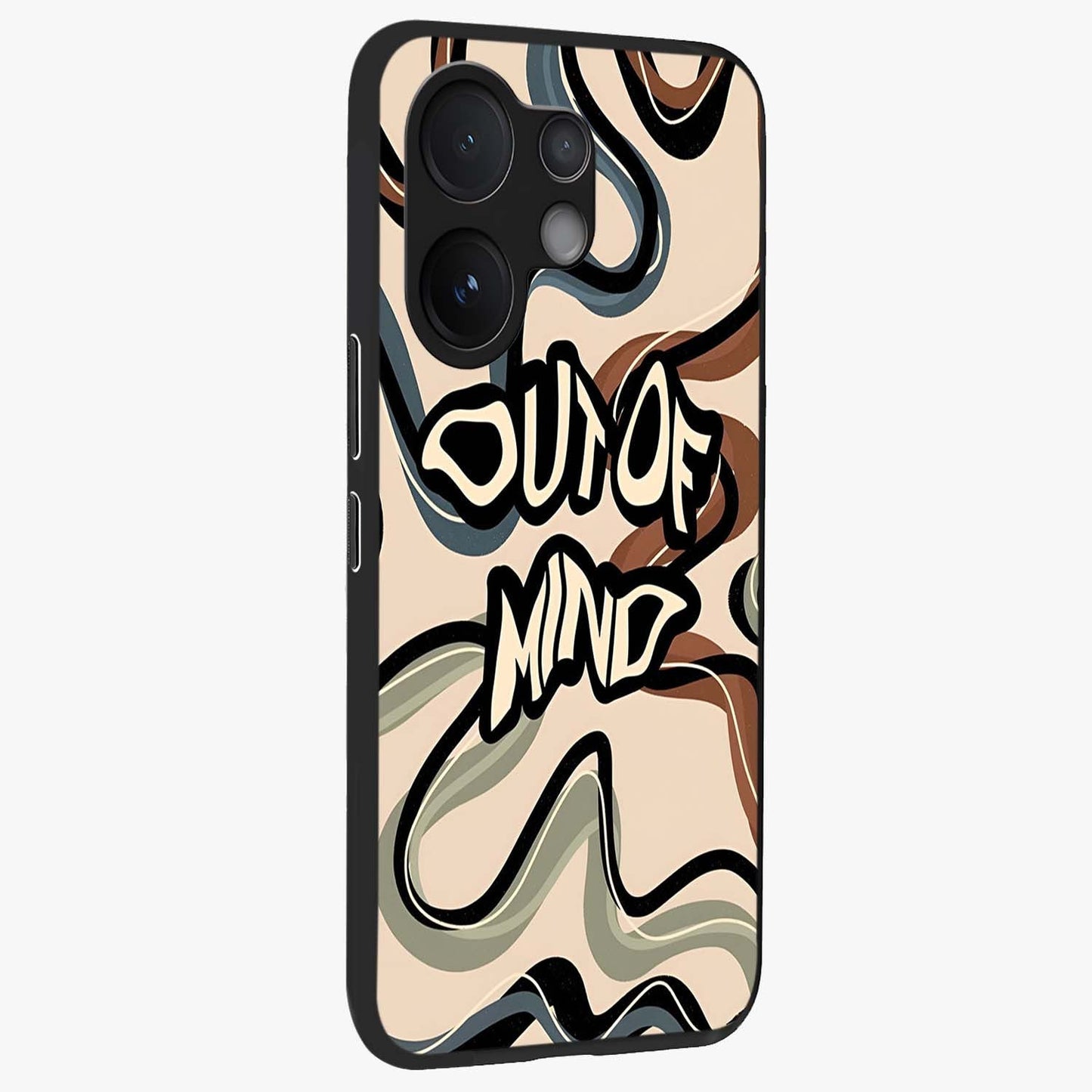 Out Of Mind Glass Case upright view showcasing striking typography artwork with edgy conceptual theme.