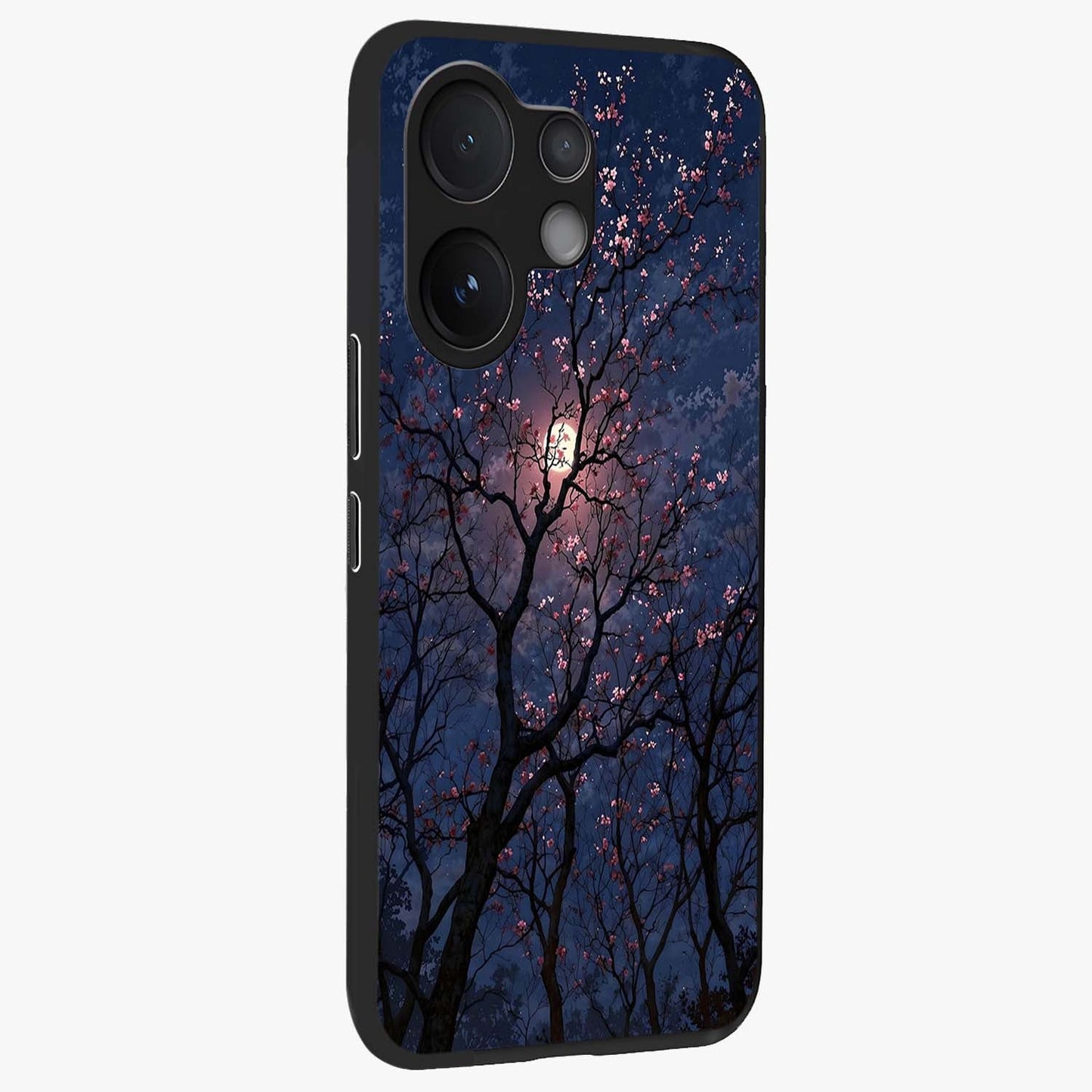 Twilight Sakura Serenade Glass Case upright view showcasing beautiful cherry blossom artwork with serene evening theme.