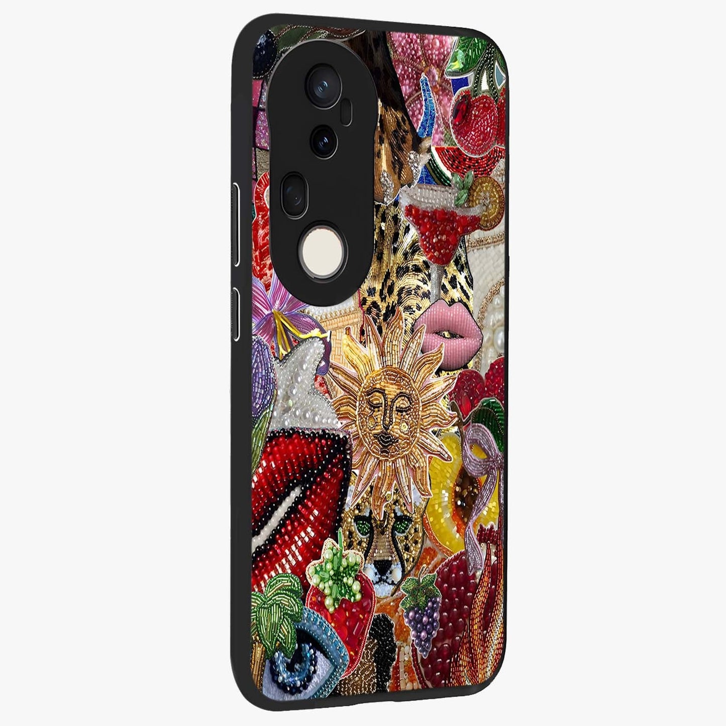 Beaded Fashion Jungle Glass Case upright view showcasing tropical jungle aesthetic with decorative bead elements.