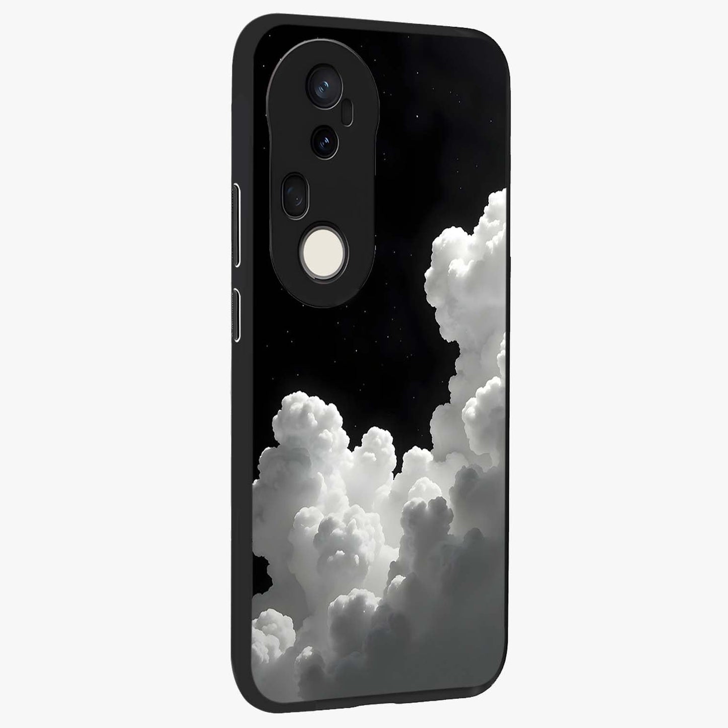 Black Background With White Cloud Glass Case upright view showcasing calm cloud aesthetic with modern minimal style.