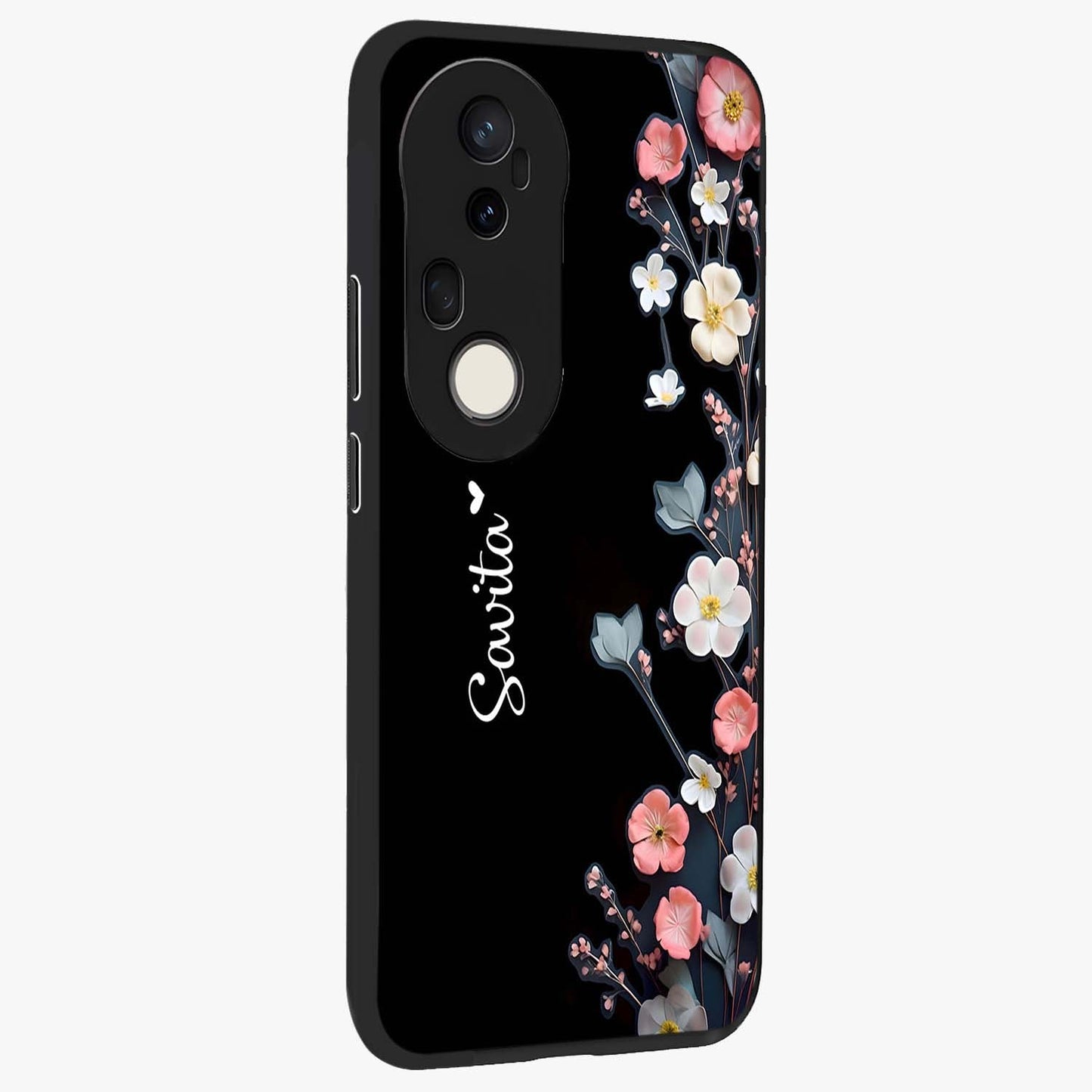 Black Elegance Floral Custom Name Glass Case upright view showcasing luxurious black floral design with personalized name detail.