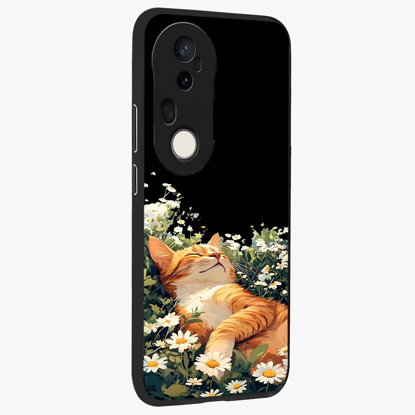Blissful Bloom Cat Glass Case upright view showcasing charming cat design surrounded by blooming floral elements.