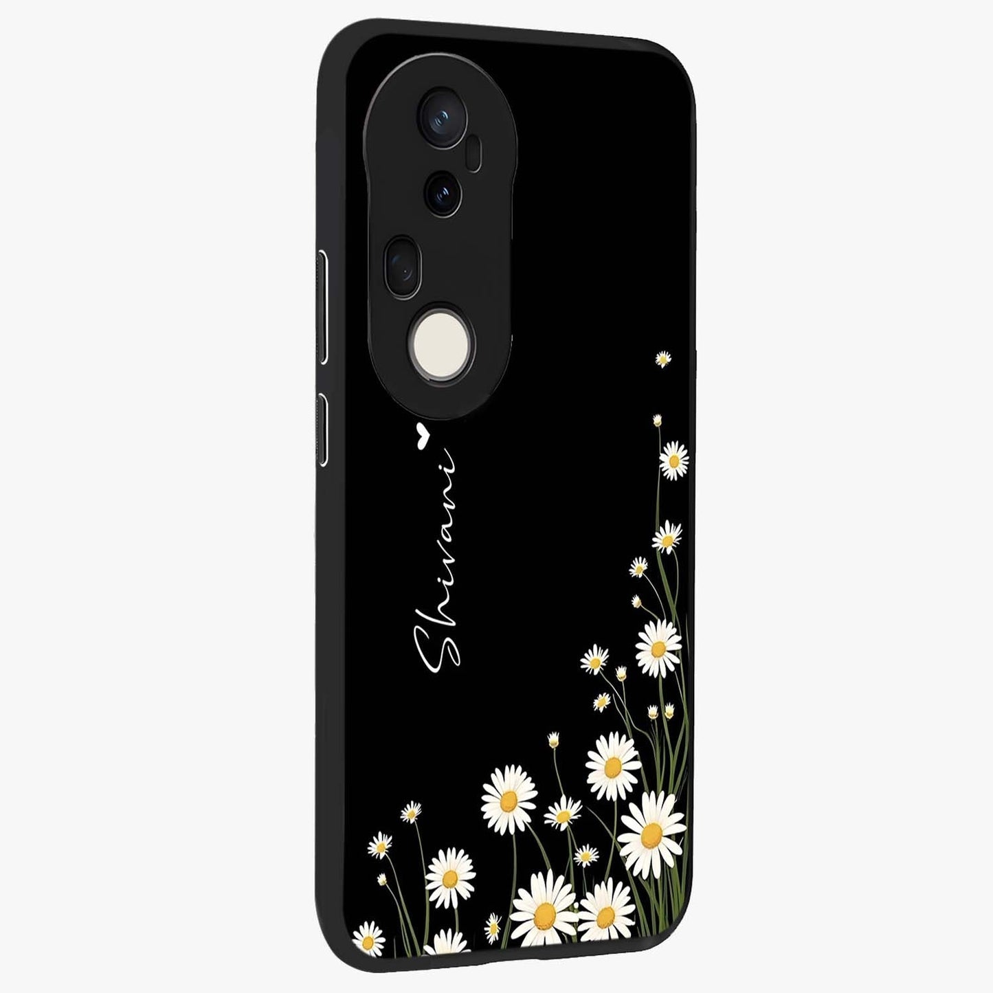 Daisy Cascade Custom Name Glass Case upright view showcasing elegant floral cascade design with personalized aesthetic.