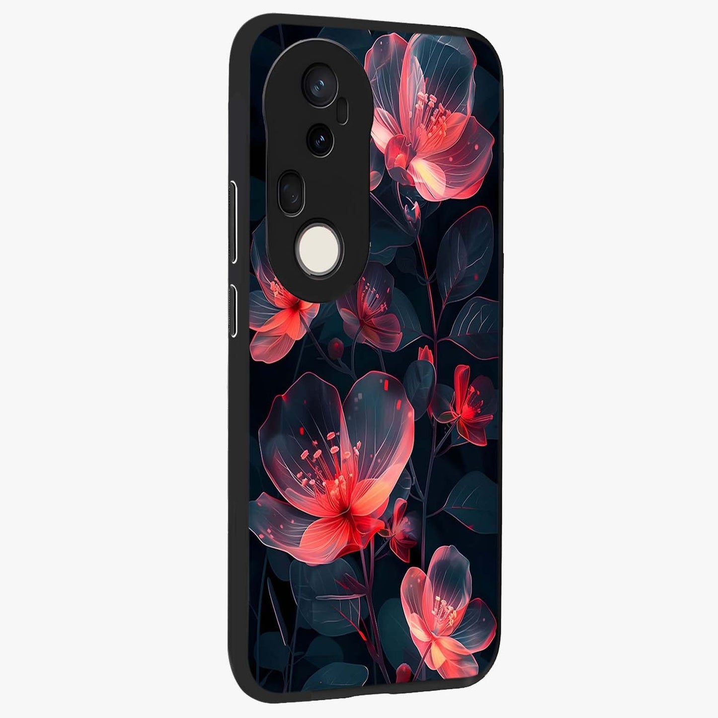 Dark Shade of Flower Glass Case upright view showcasing delicate flower artwork with rich dark floral theme.