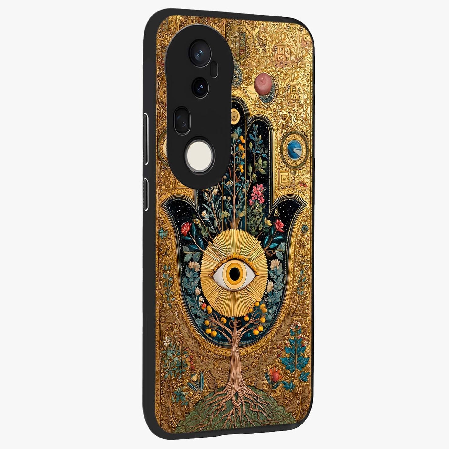 Ethereal Evil Eye Glass Case upright view showcasing celestial evil eye artwork with mystical theme.
