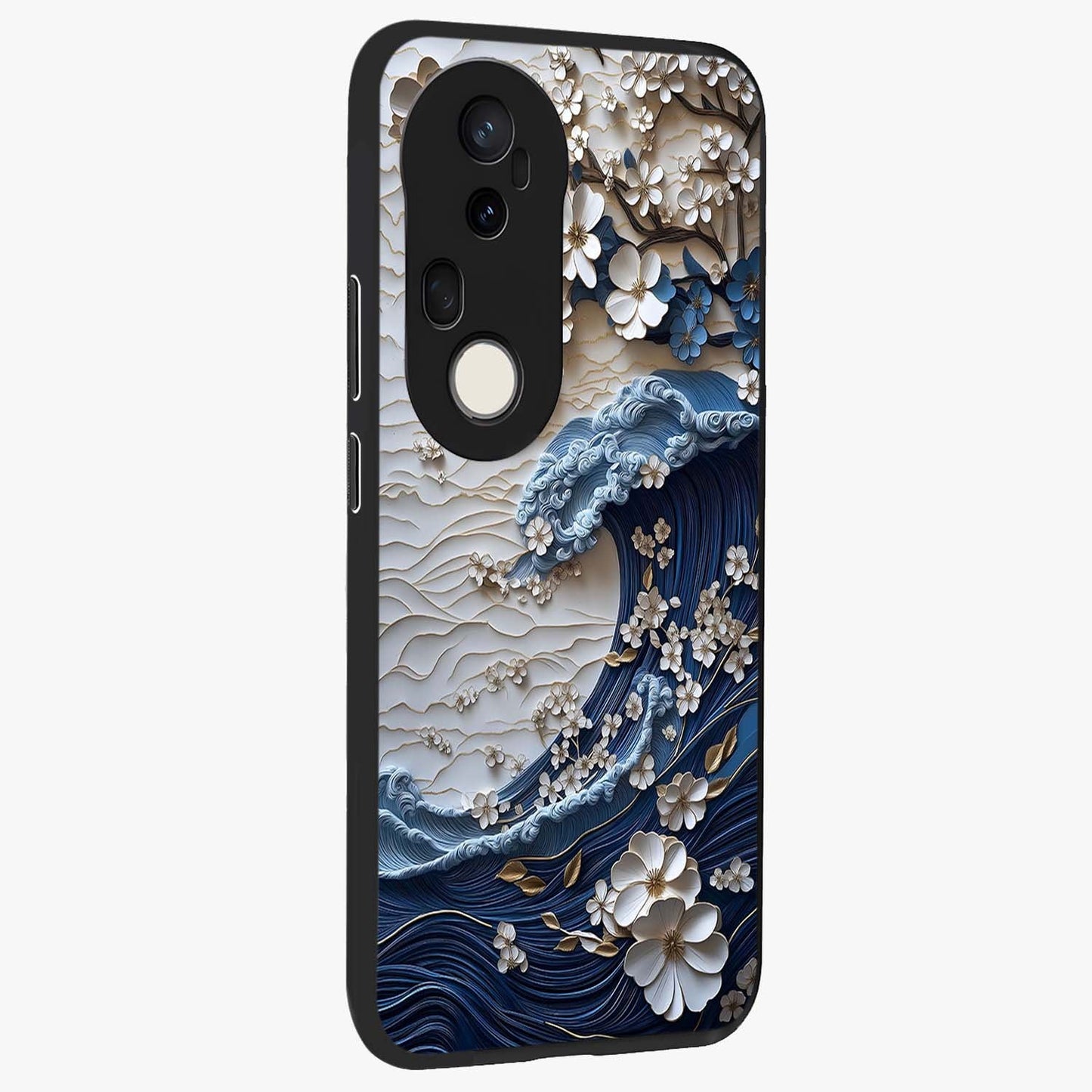 Floral Wave Origami Glass Case upright view showcasing creative floral origami artwork with artistic decorative theme.