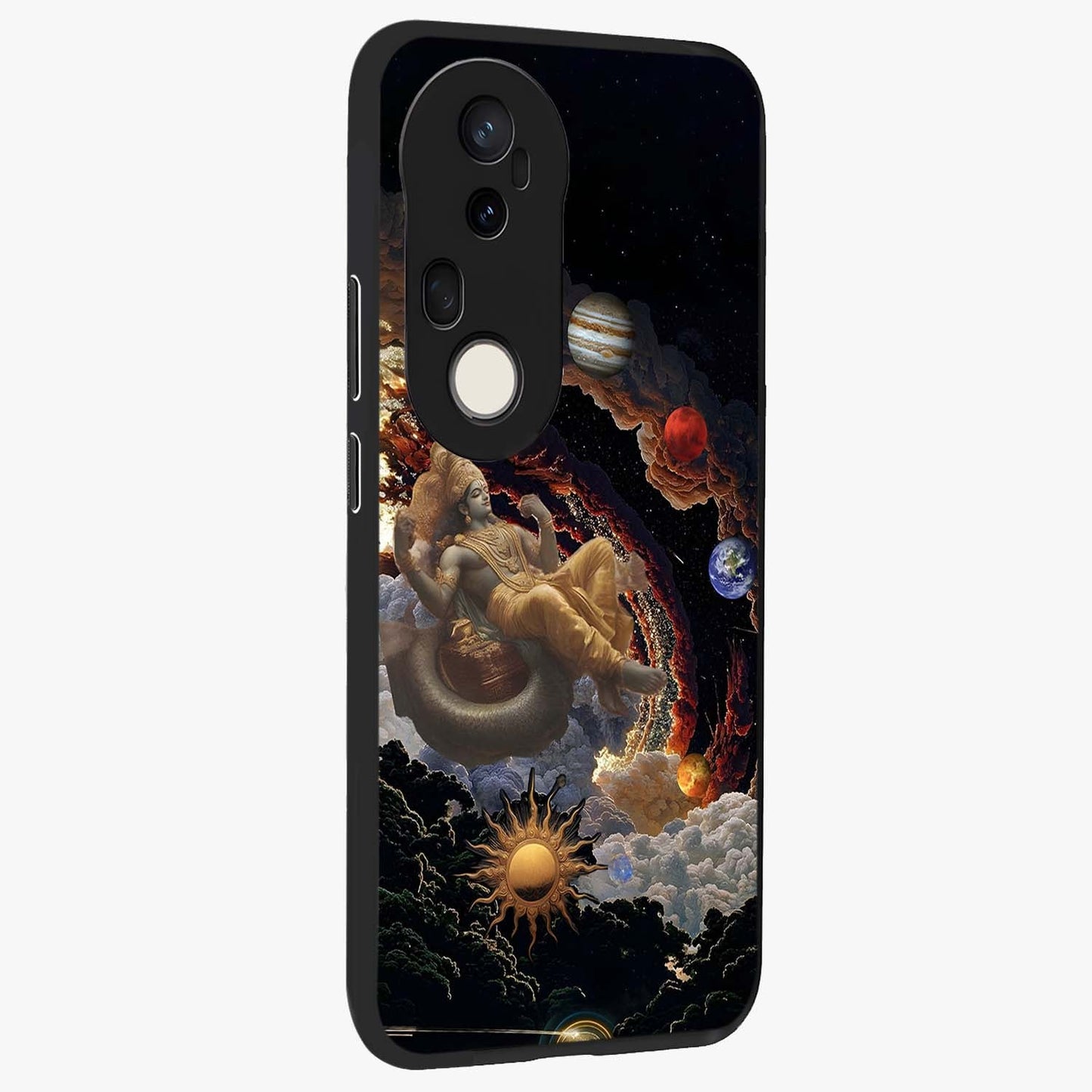 Galactic Divine God Glass Case upright view showcasing mystical divine artwork with dramatic cosmic theme.
