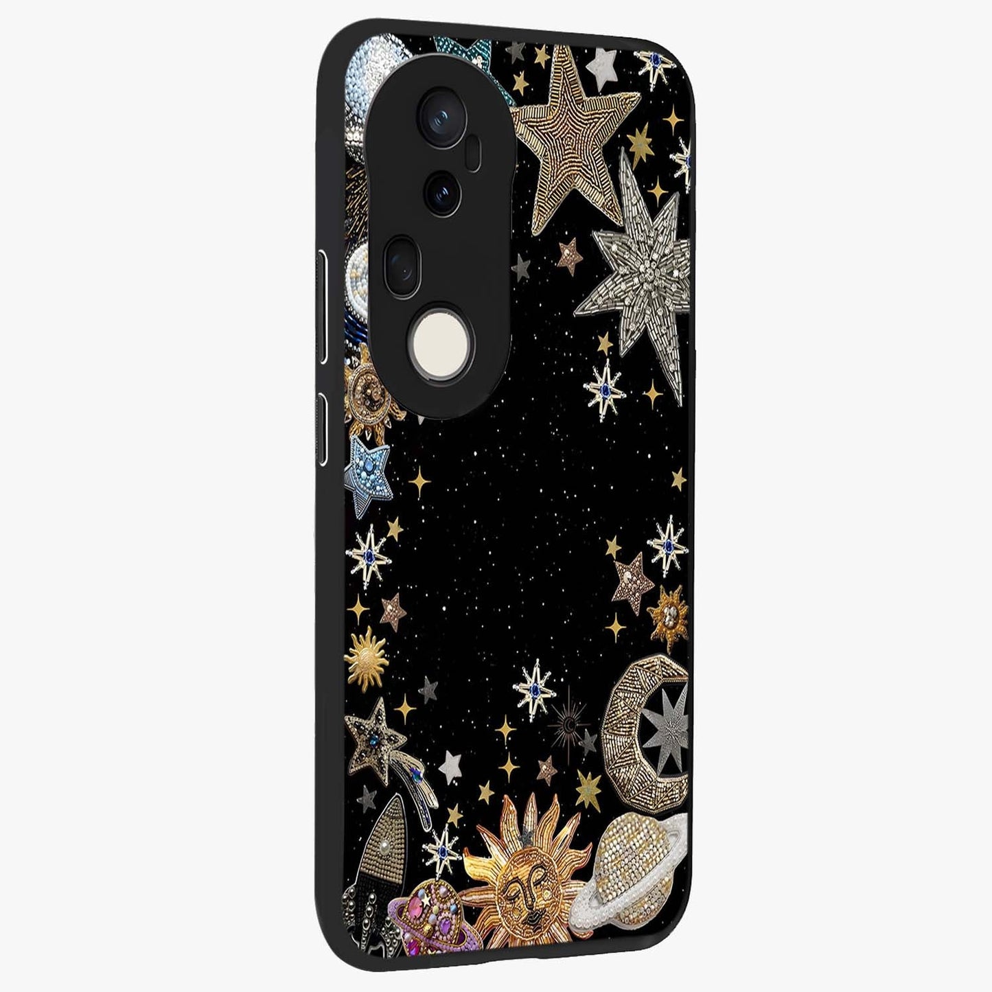 Galactic Jewel Stars Glass Case upright view showcasing glittering star jewel artwork with vibrant galaxy theme.