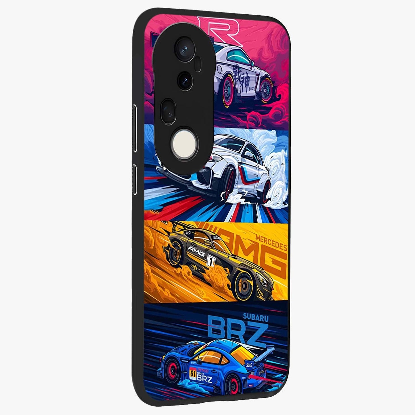 JDM Sports Car Glass Case upright view showcasing dynamic sports car artwork with bold racing theme.