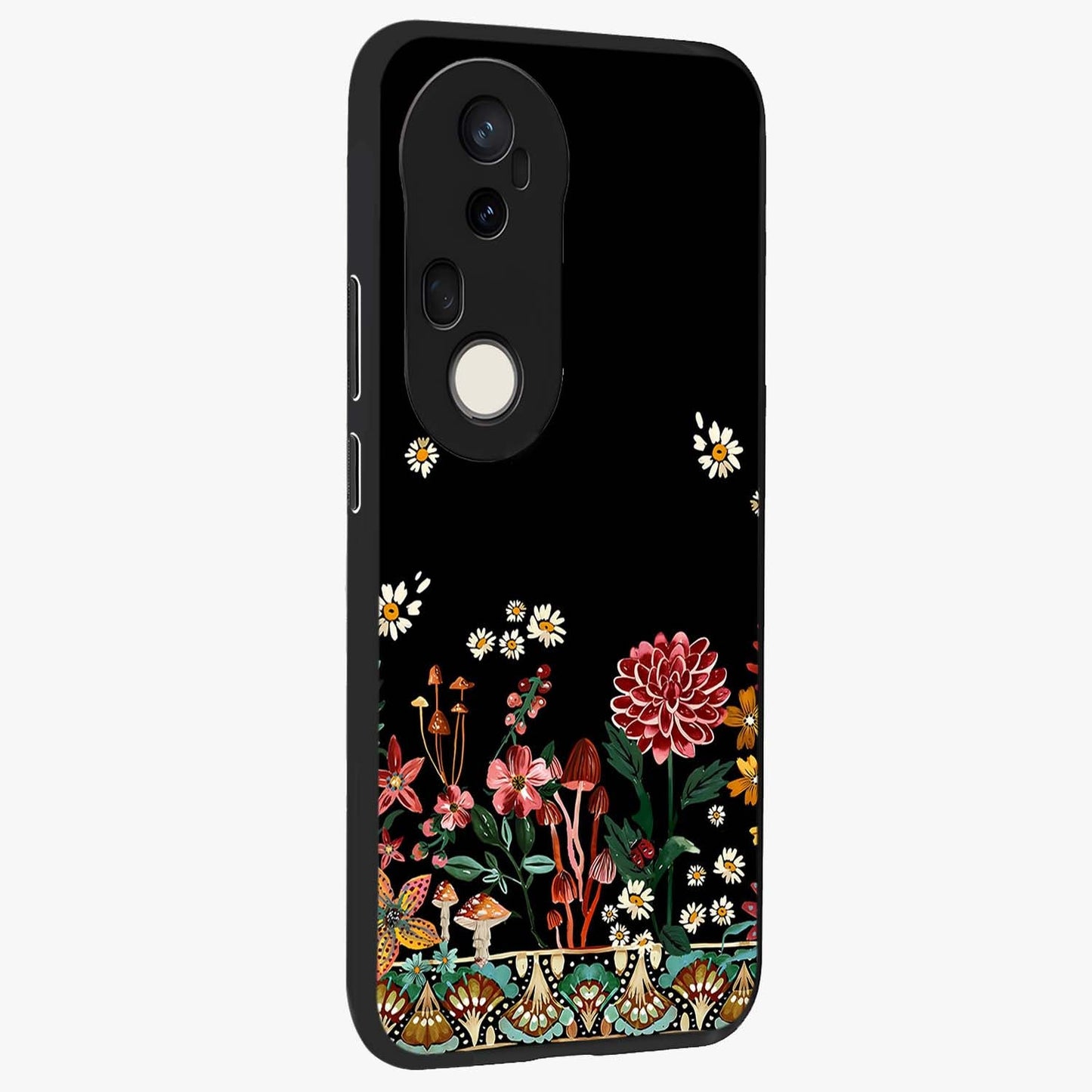 Midnight Bloom Pattern Glass Case upright view showcasing decorative floral artwork with deep night themed palette.