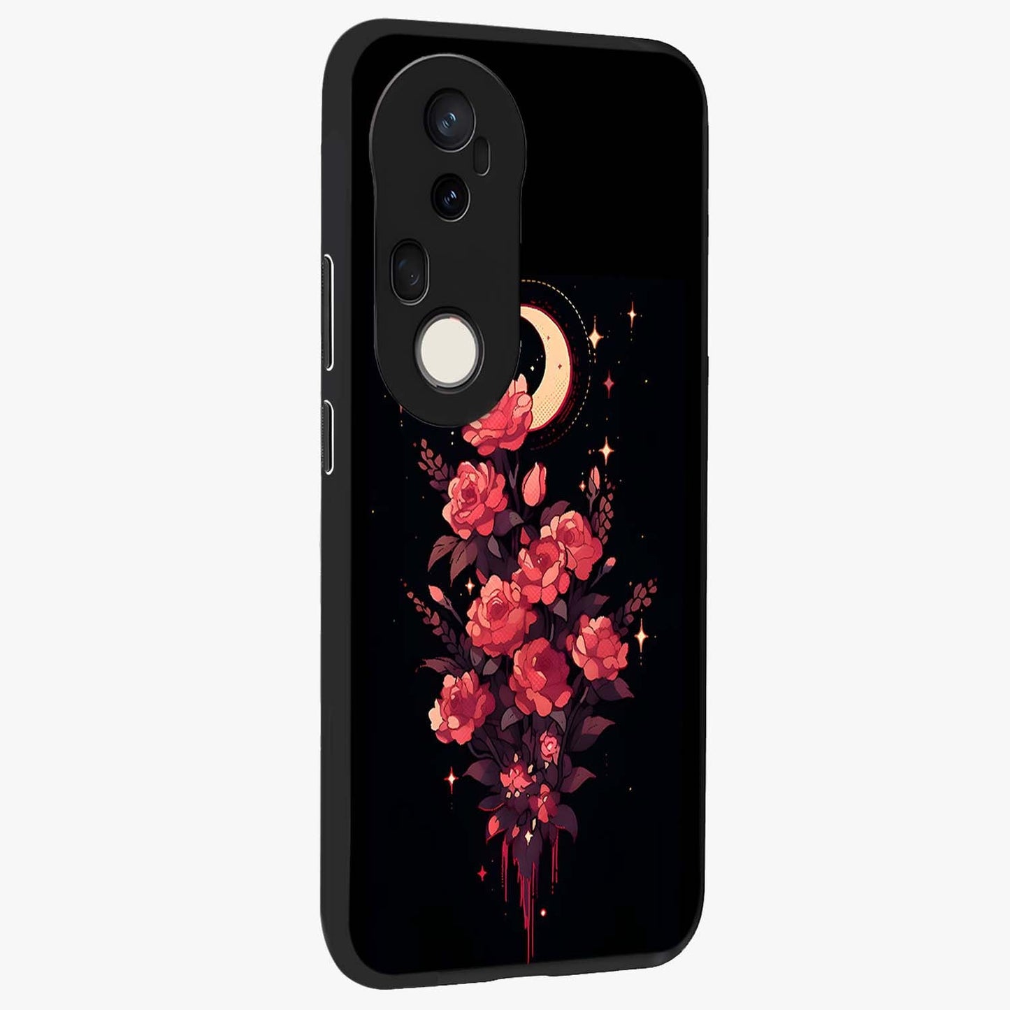 Moonlit Floral Elegance Glass Case upright view showcasing delicate floral artwork with refined night inspired theme.