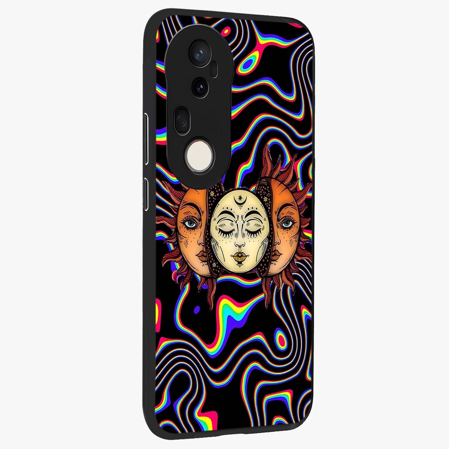 Psychedelic Sun Glass Case upright view showcasing trippy sun artwork with bold psychedelic theme.