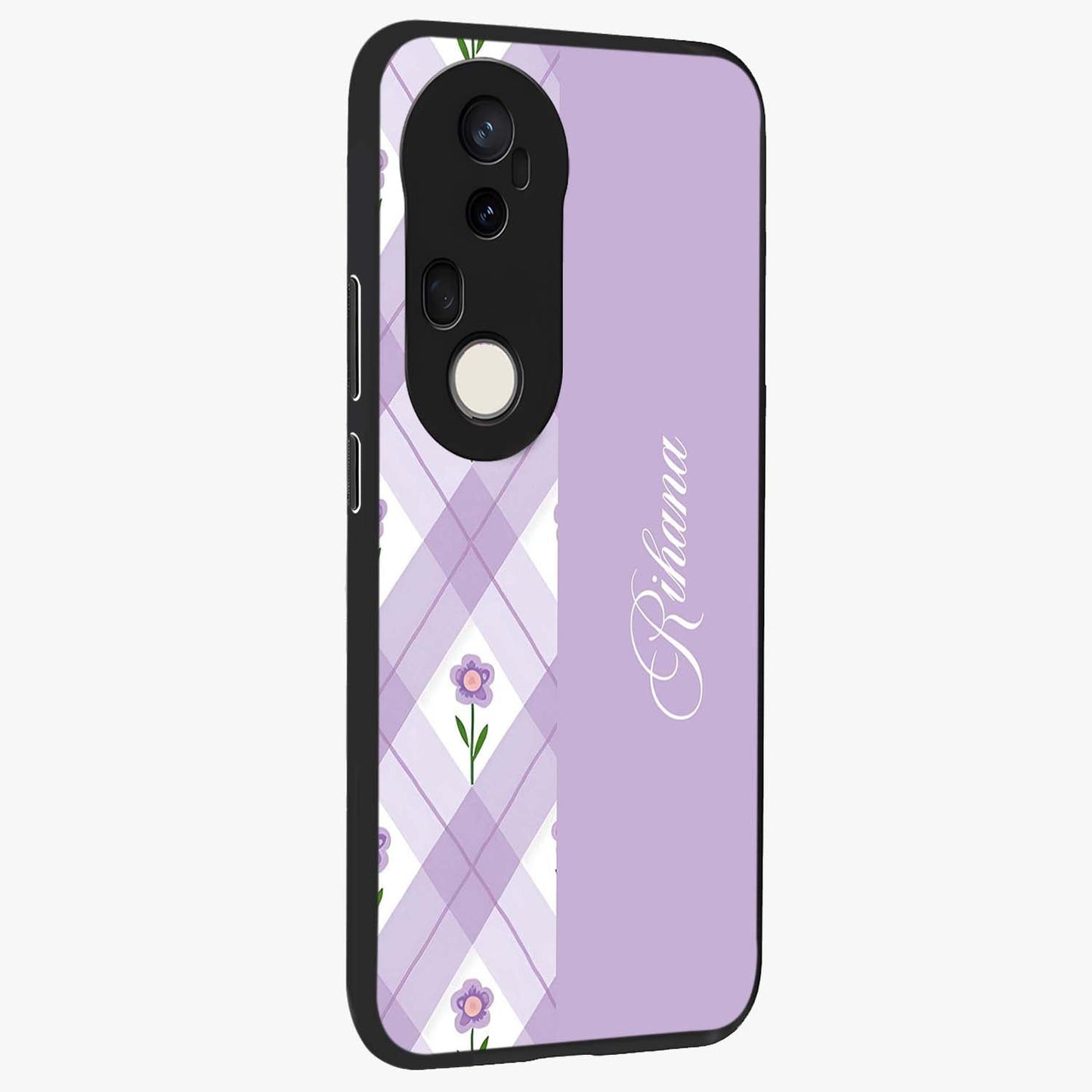 Purple Diamond Floral Glass Case upright view showcasing vibrant floral artwork with stylish geometric theme.