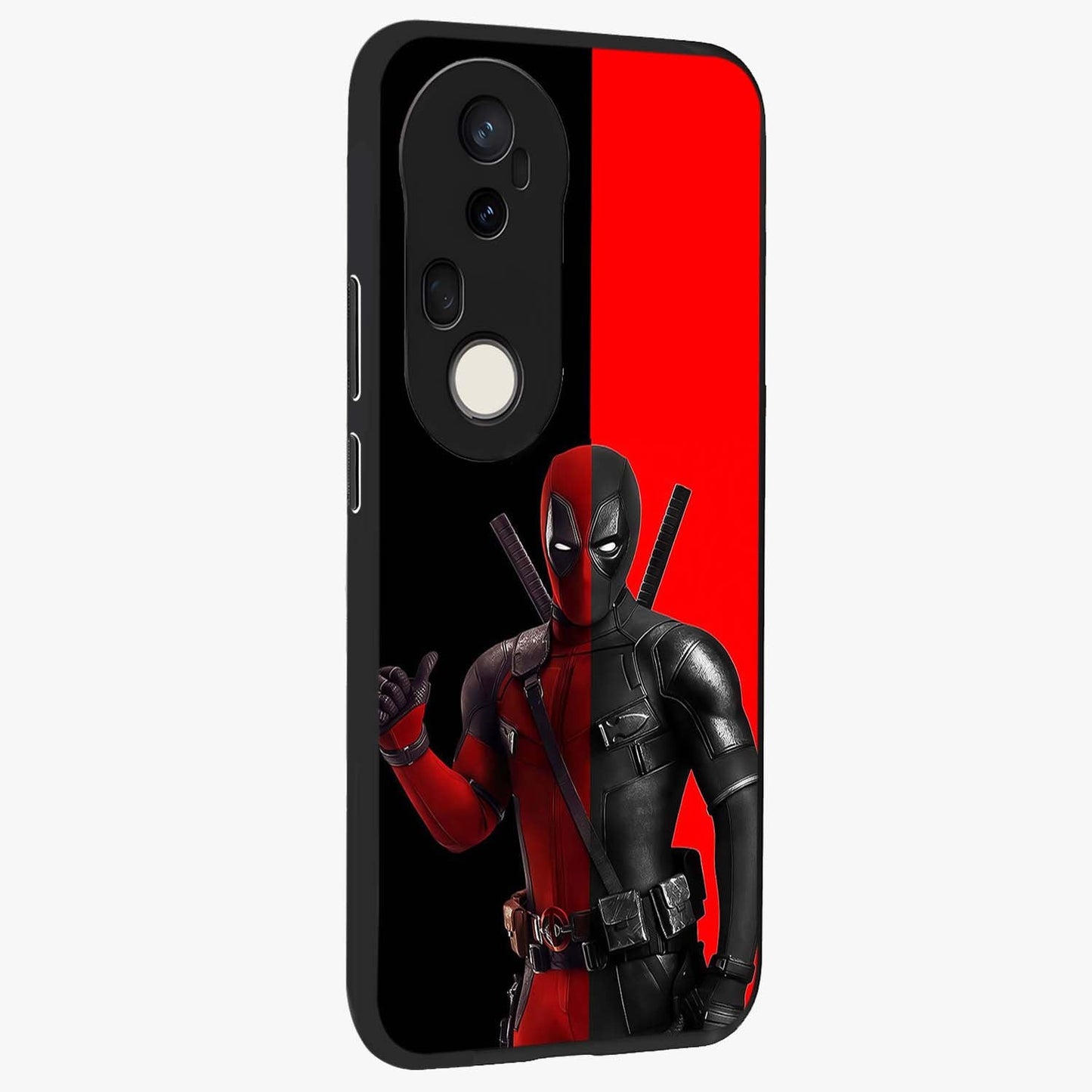 Red & Black Deadpool Theme Glass Case upright view showcasing energetic comic themed artwork with striking red and black design.