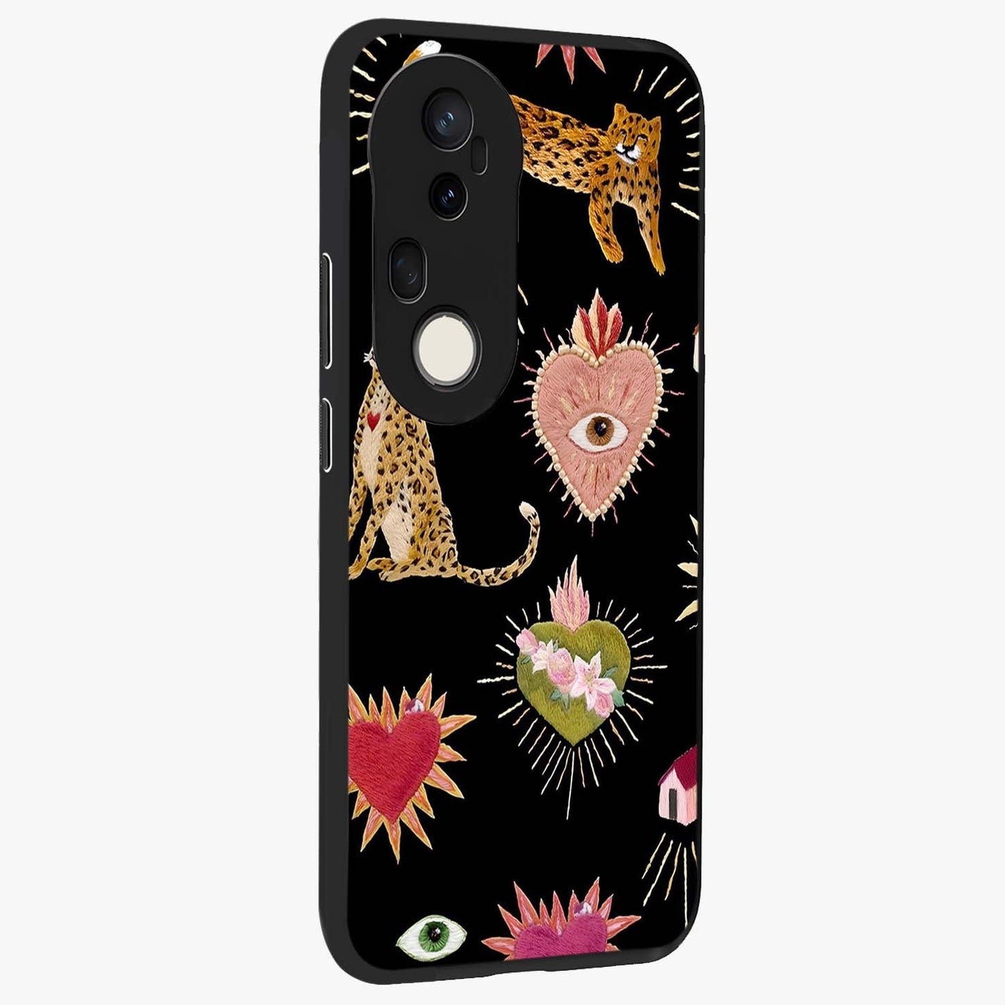 Sacred Jungle Heart Glass Case upright view showcasing vibrant jungle artwork with symbolic heart theme.