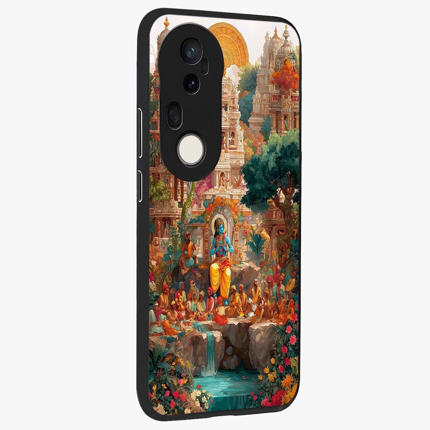 Sacred Sunlight Gods Glass Case upright view showcasing glowing divine artwork with sacred mythological theme.