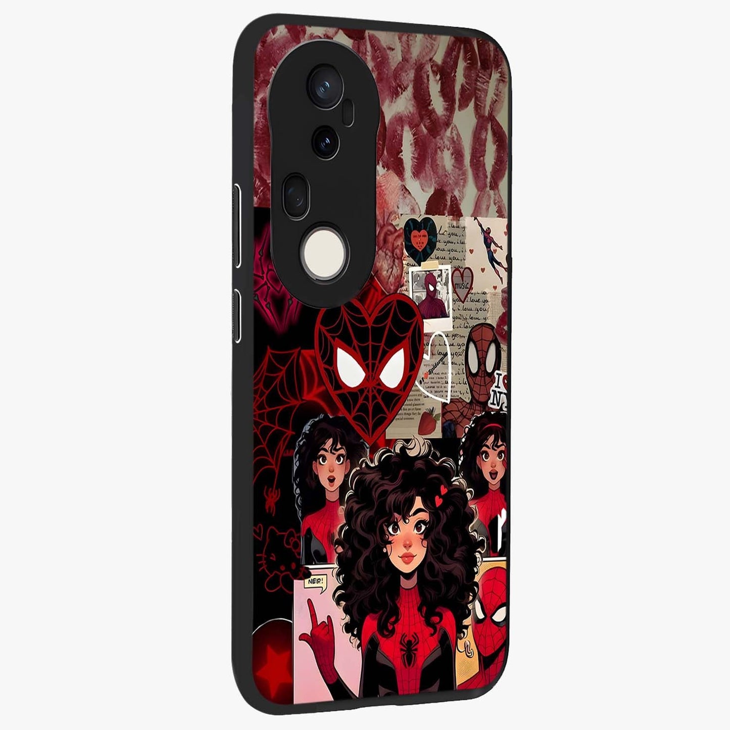 Spider Love Story Glass Case upright view showcasing charming superhero artwork with romantic comic theme.