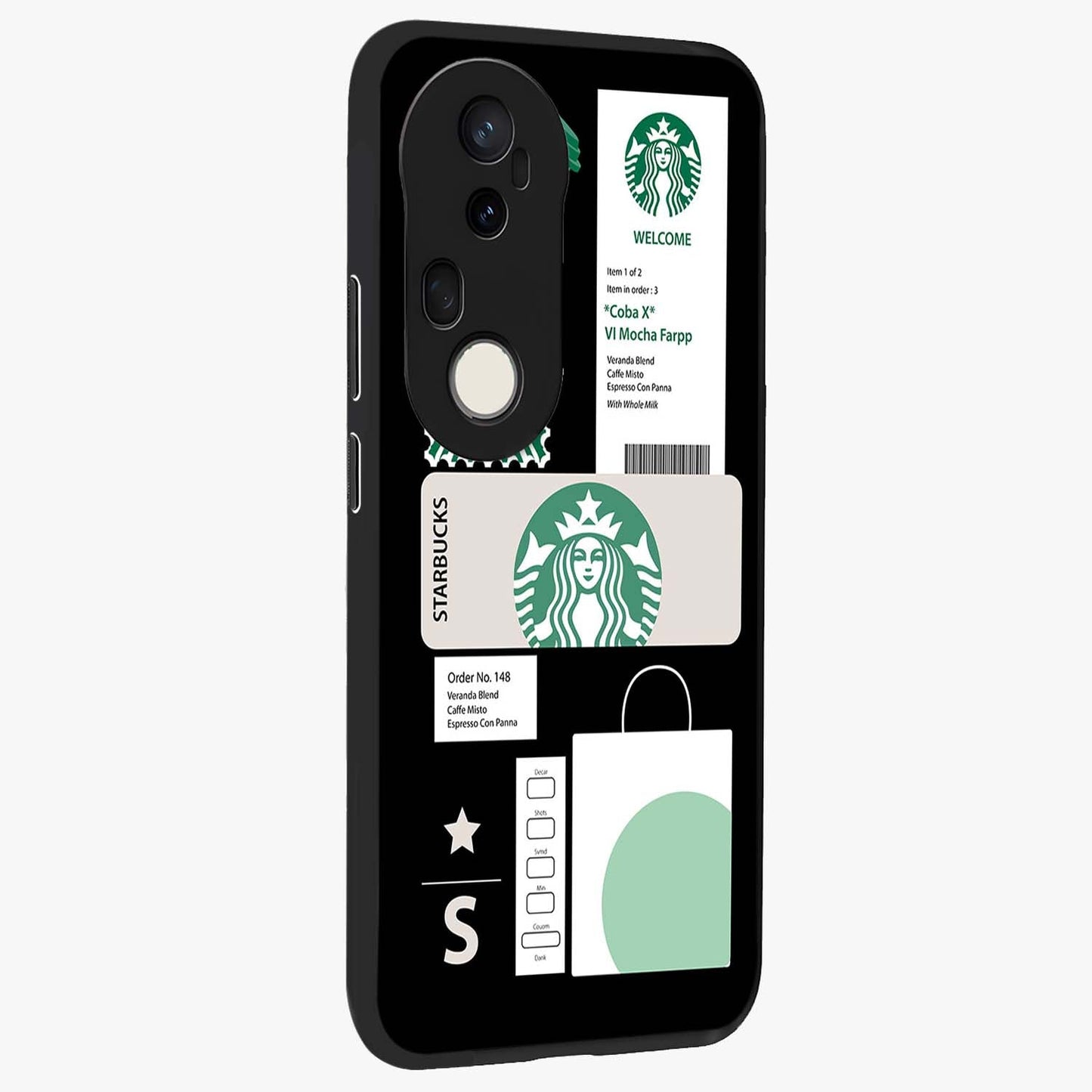 Starbucks Mocha Glass Case upright view showcasing trendy coffee inspired artwork with modern lifestyle theme.
