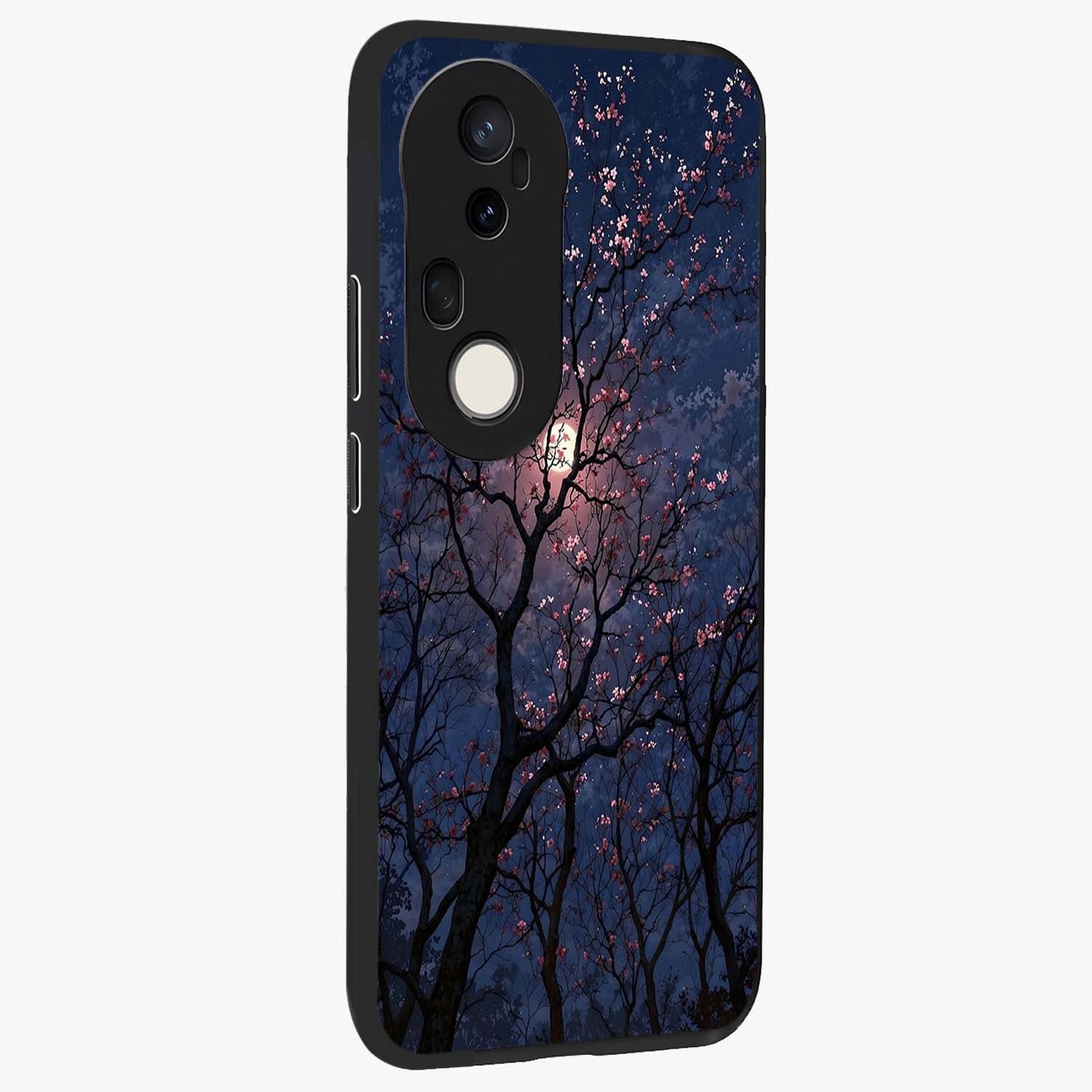 Twilight Sakura Serenade Glass Case upright view showcasing beautiful cherry blossom artwork with serene evening theme.