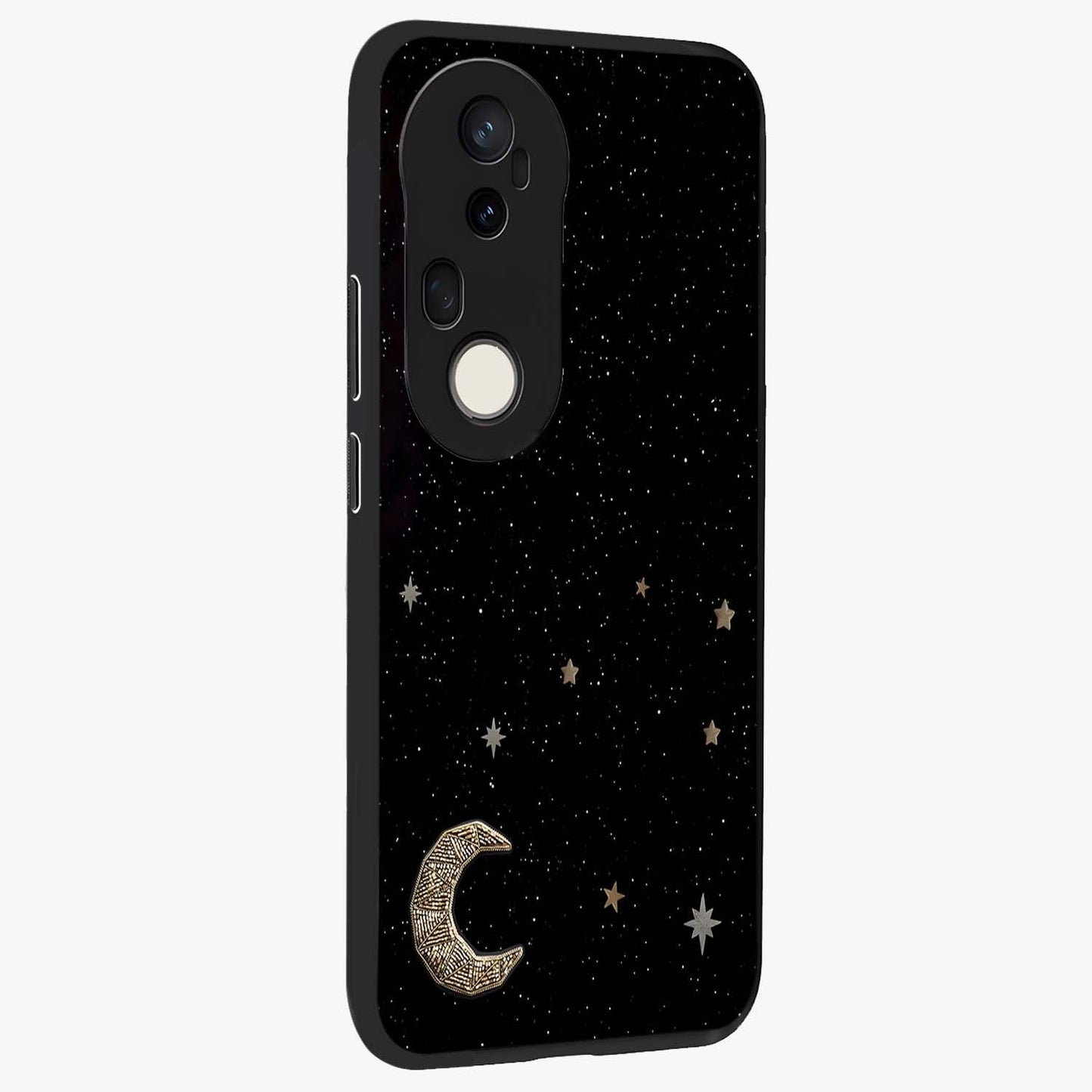 Twinkle Star With Half Moon Glass Case upright view showcasing glowing cosmic artwork with dreamy night theme.