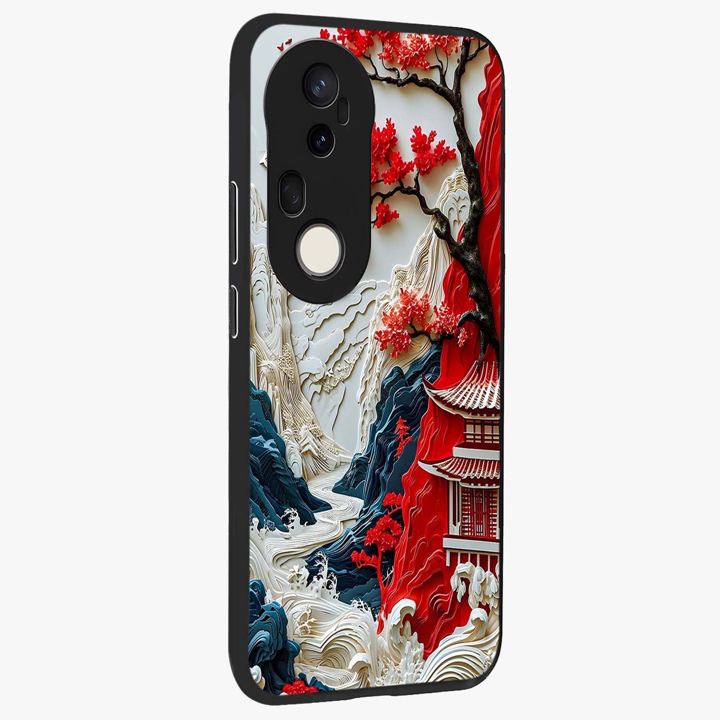 Whispers Of Sakura Waves Glass Case upright view showcasing delicate cherry blossom artwork with elegant nature theme.