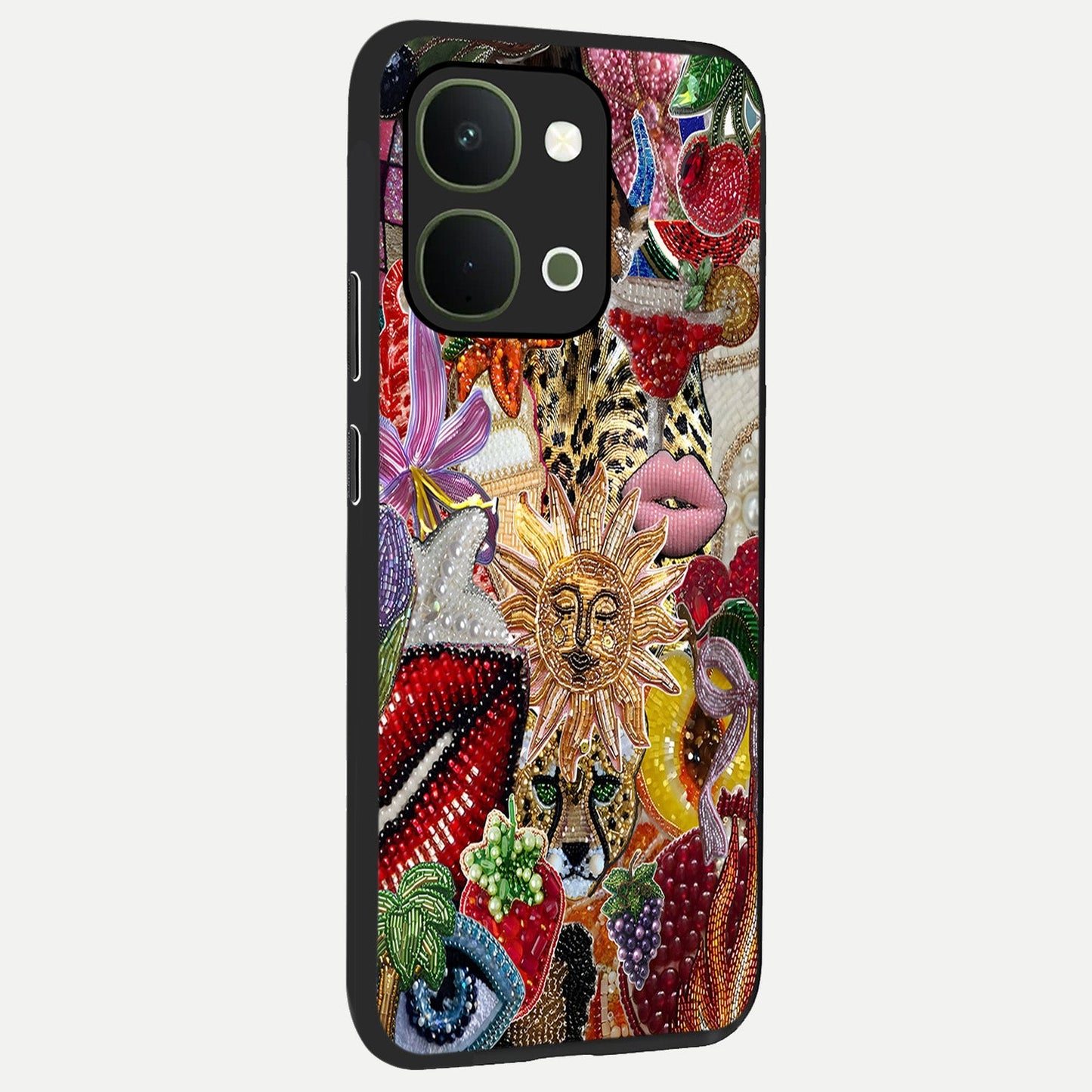 Beaded Fashion Jungle Glass Case upright view showcasing tropical jungle aesthetic with decorative bead elements.