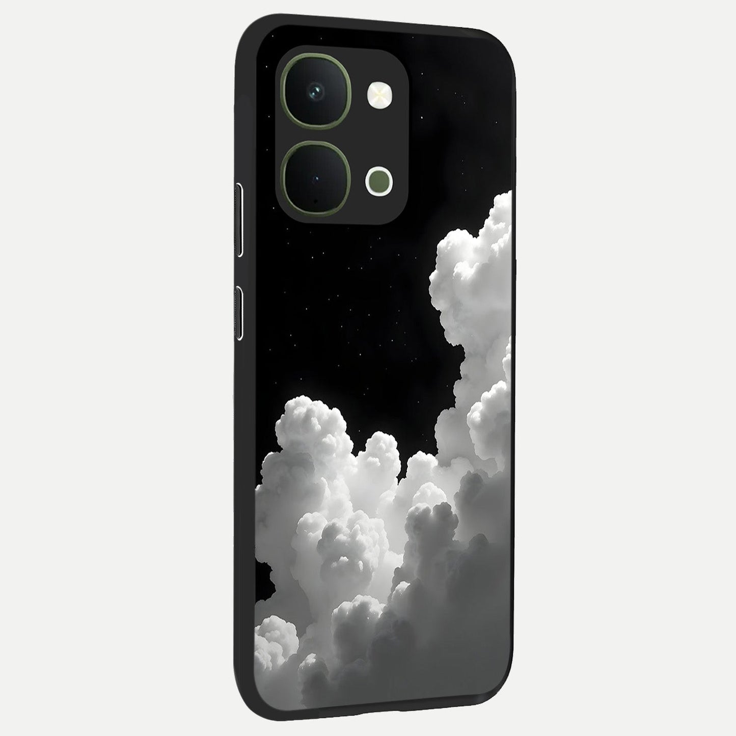 Black Background With White Cloud Glass Case upright view showcasing calm cloud aesthetic with modern minimal style.