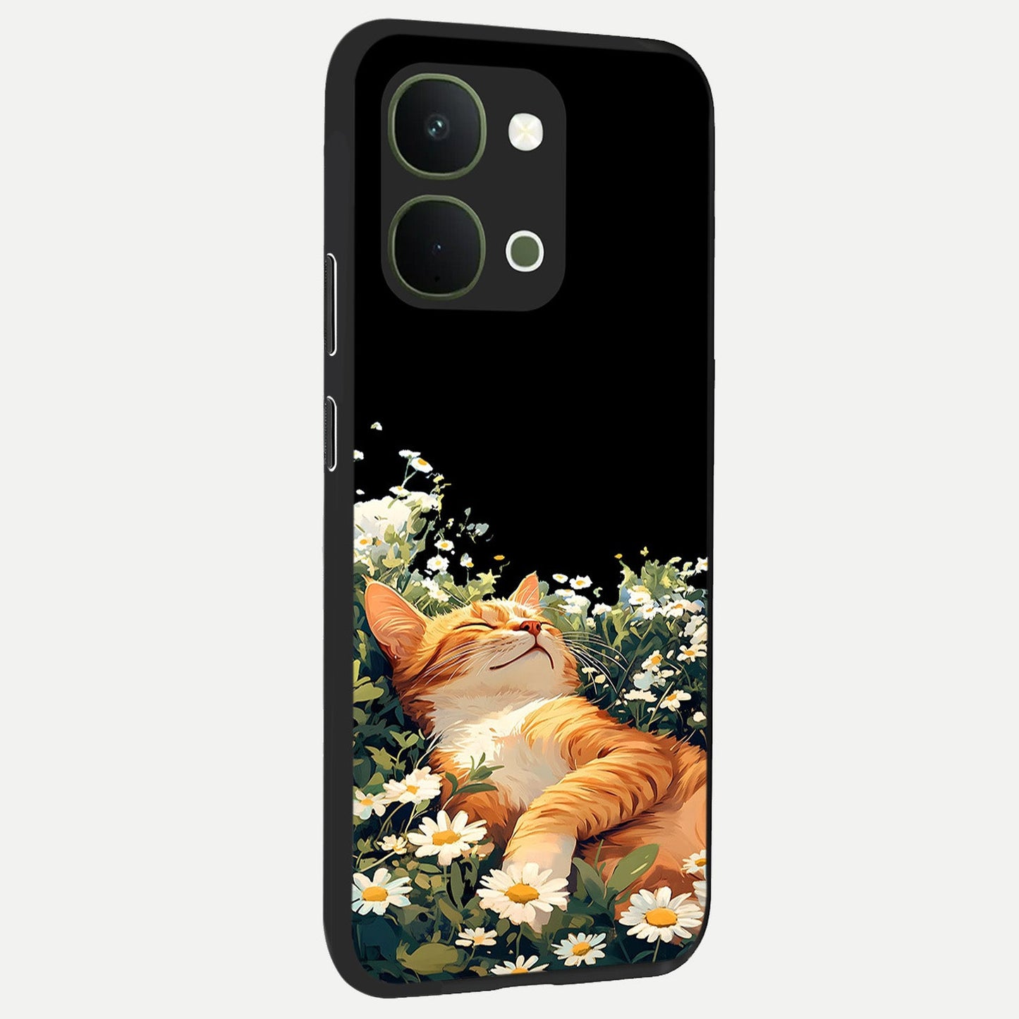 Blissful Bloom Cat Glass Case upright view showcasing charming cat design surrounded by blooming floral elements.