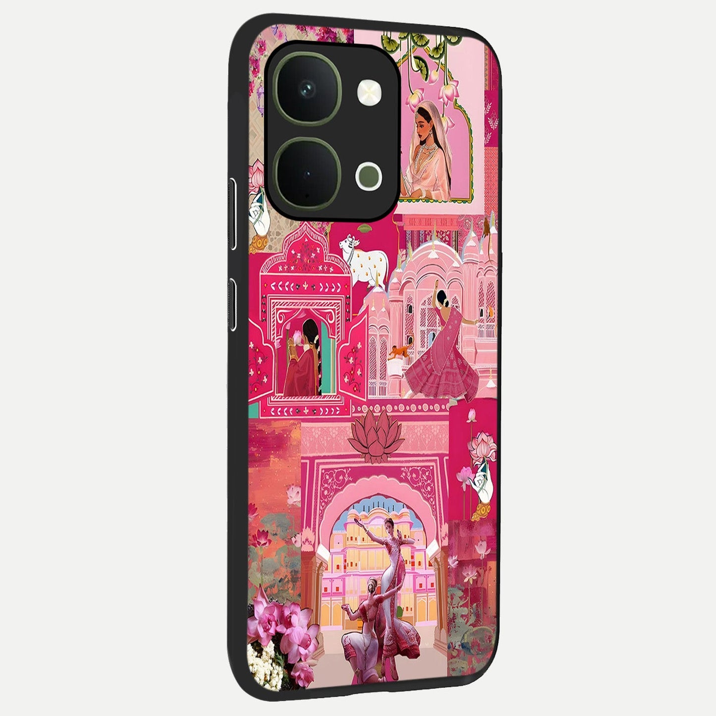 Blossoms of Rajasthan Glass Case upright view showcasing colorful floral design inspired by traditional Indian art.