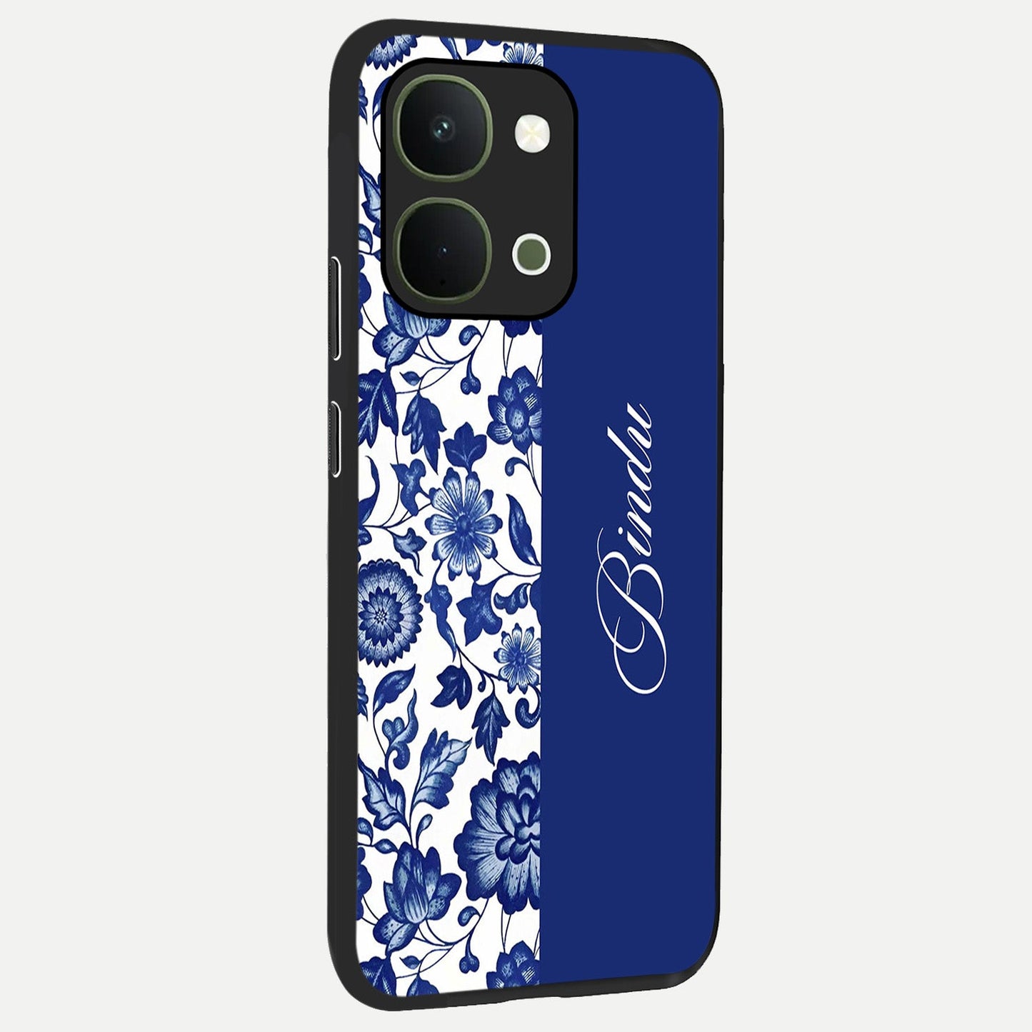 Blue Vintage Floral Pattern Glass Case upright view showcasing delicate blush floral texture with modern minimal style.