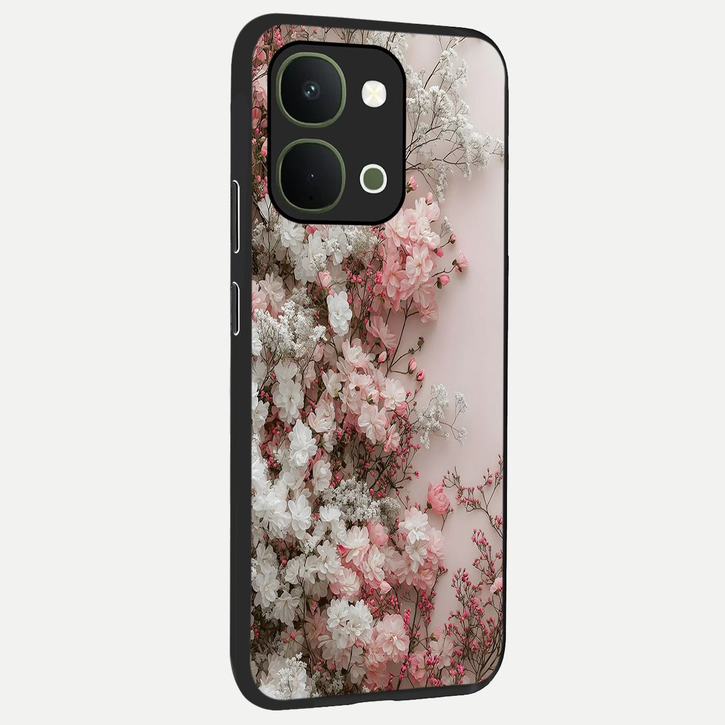 Blush Blossom Cloud Glass Case upright view showcasing calm floral cloud artwork with gentle dreamy theme.