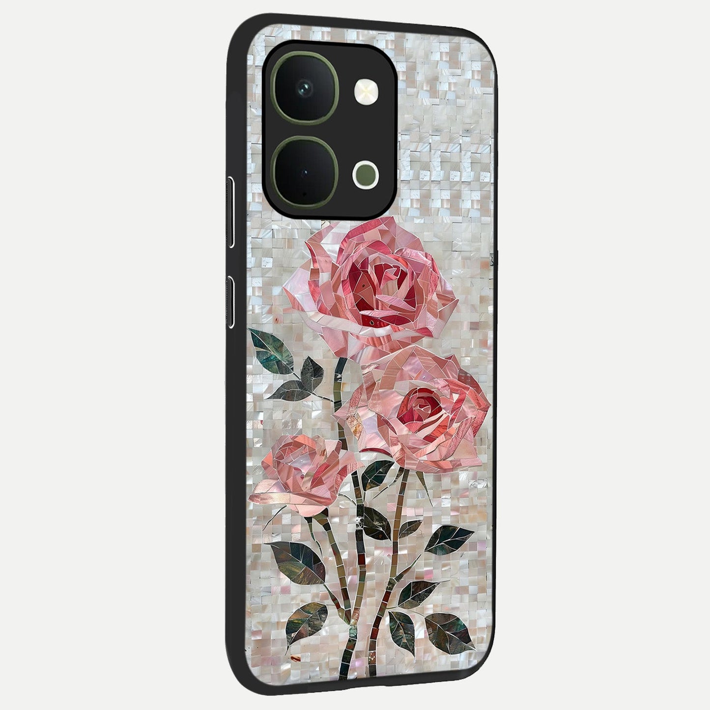 Blush Mosaic Bloom Glass Case upright view showcasing decorative floral mosaic artwork with stylish modern aesthetic.