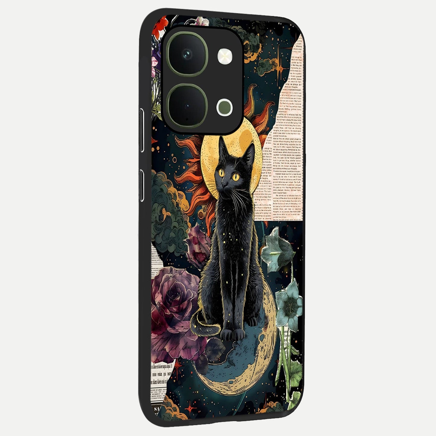 Celestial Black Cat Glass Case upright view showcasing magical black cat illustration with starry cosmic theme.