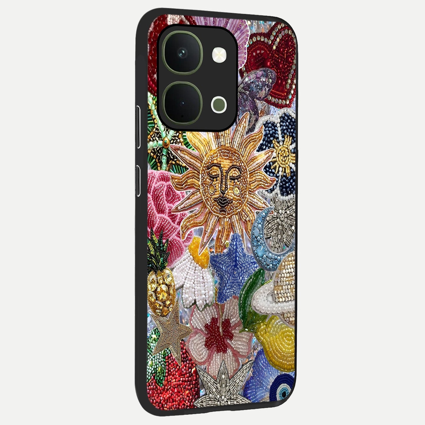 Celestial Floral and Playful Glass Case upright view showcasing whimsical floral artwork with cosmic aesthetic theme.