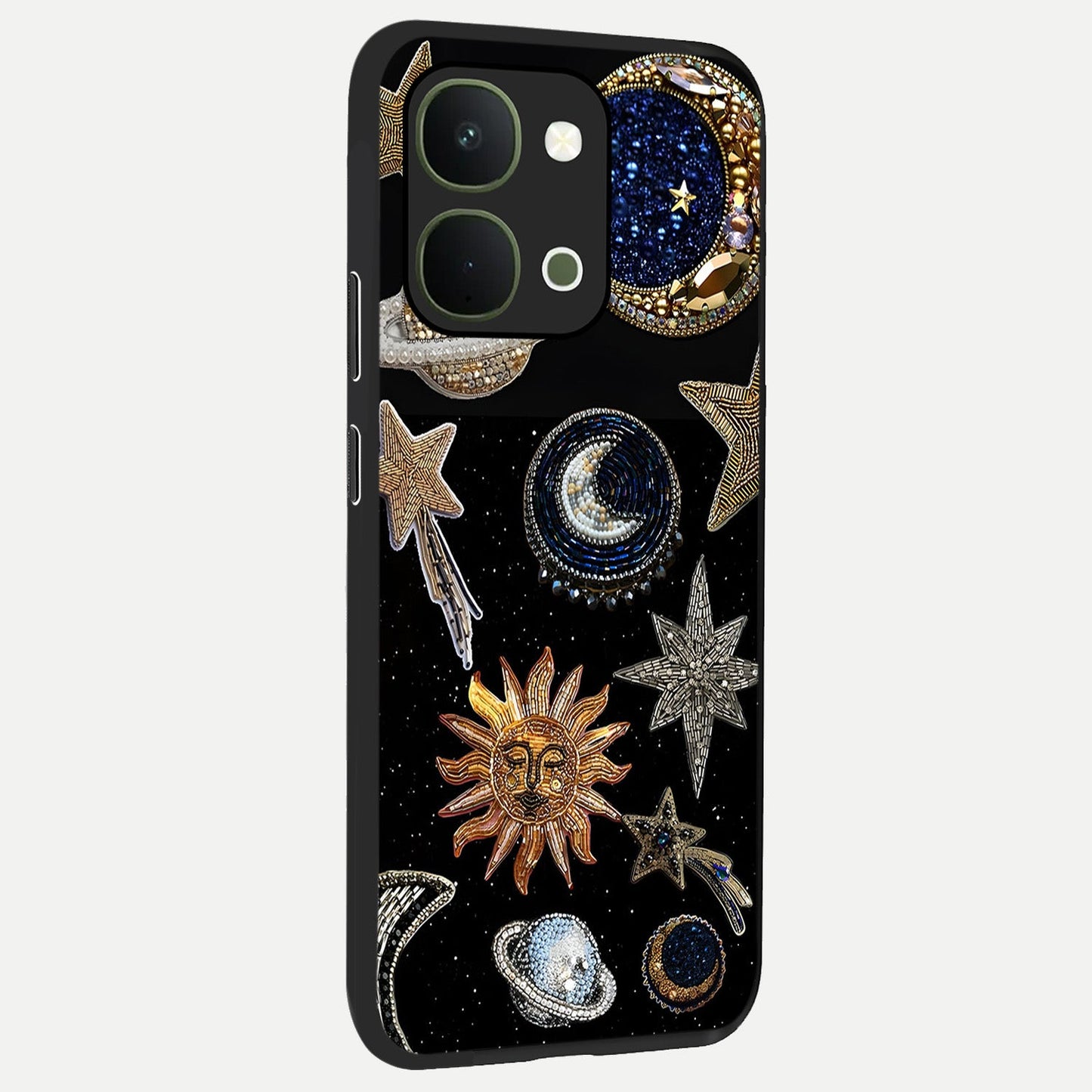 Celestial Gem Constellations Glass Case upright view showcasing cosmic constellation artwork with celestial aesthetic style.