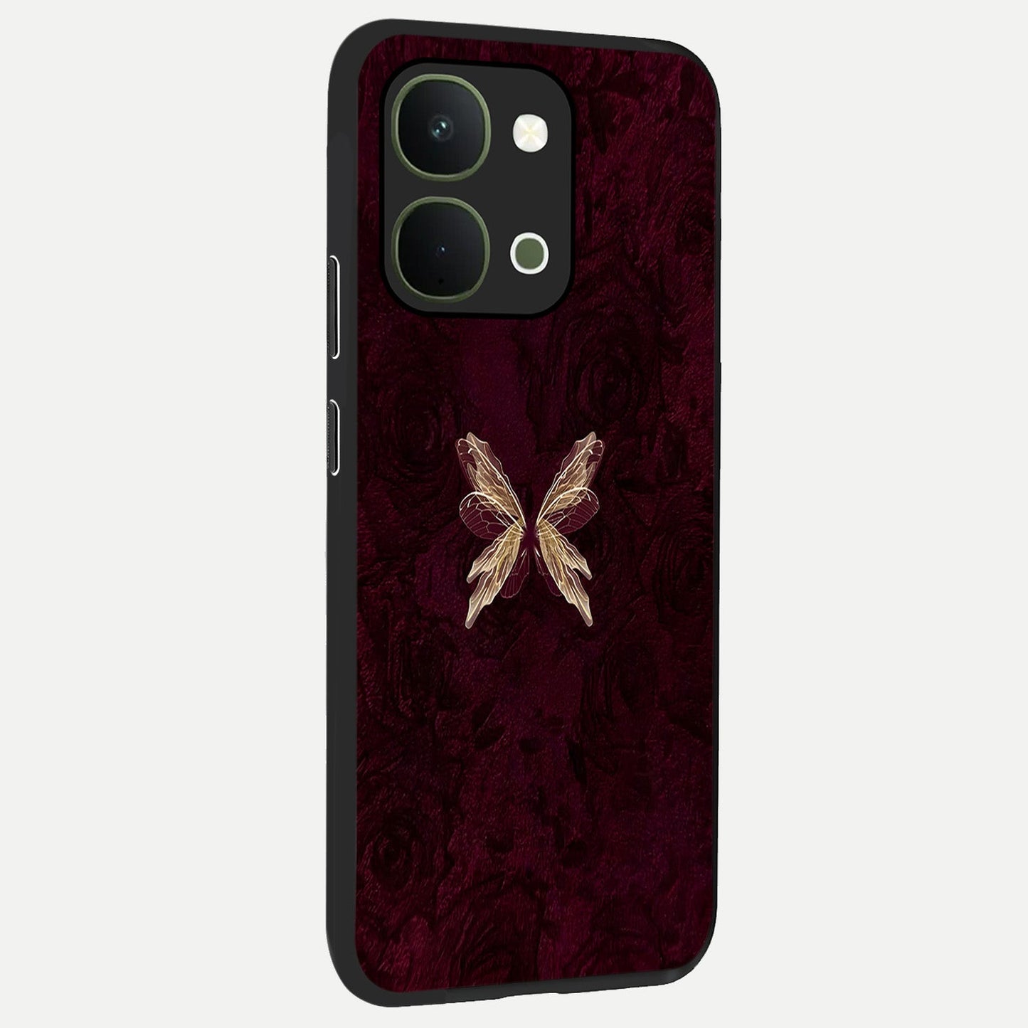 Crimson Fade Butterfly Glass Case upright view showcasing graceful butterfly artwork with soft crimson fade effect.