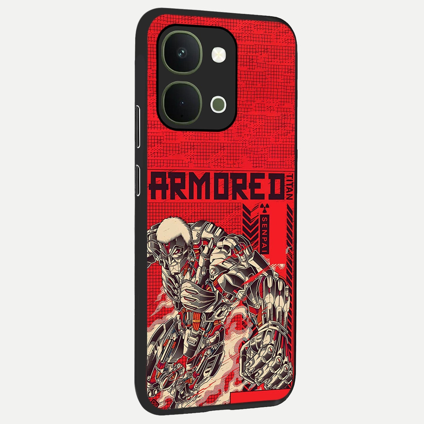 Crimson Mecha Titan Glass Case upright view showcasing dynamic robotic titan design with sci-fi inspired theme.