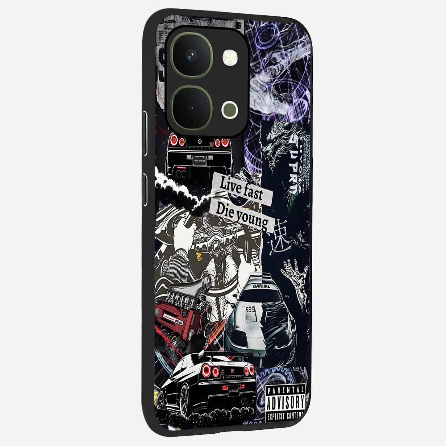 Die Young Glass Case upright view showcasing striking typography artwork with modern statement theme.